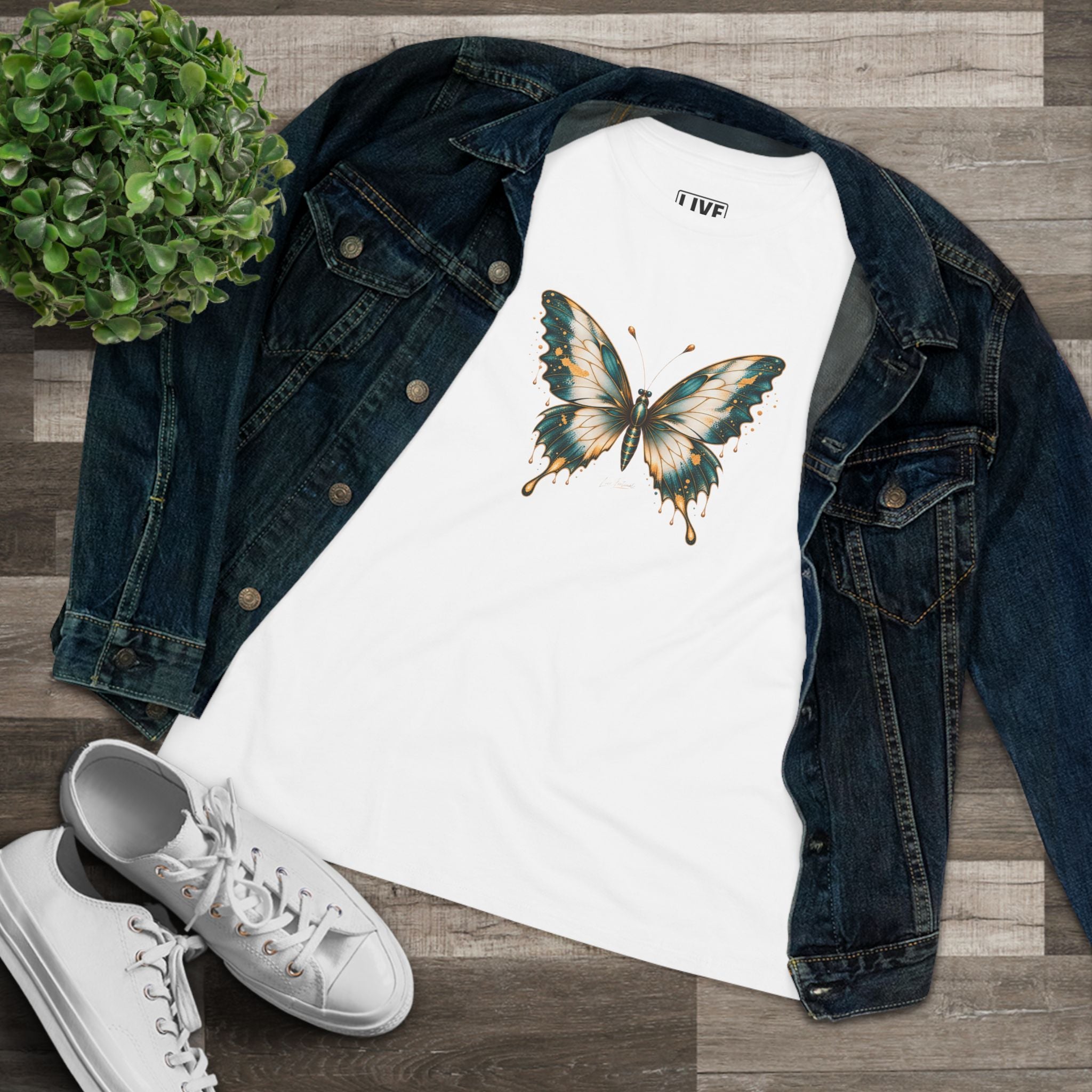 Butterfly Graphic Tee — Teal & Gold Vintage Butterfly Women's T-Shirt