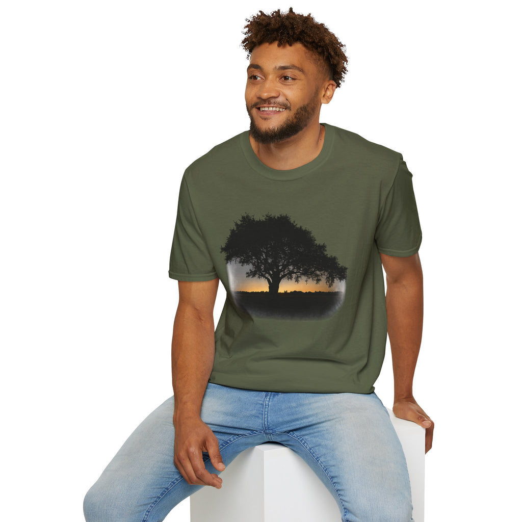 Tree of Clues Sunset T-Shirt — Silhouette Nature Graphic Tee