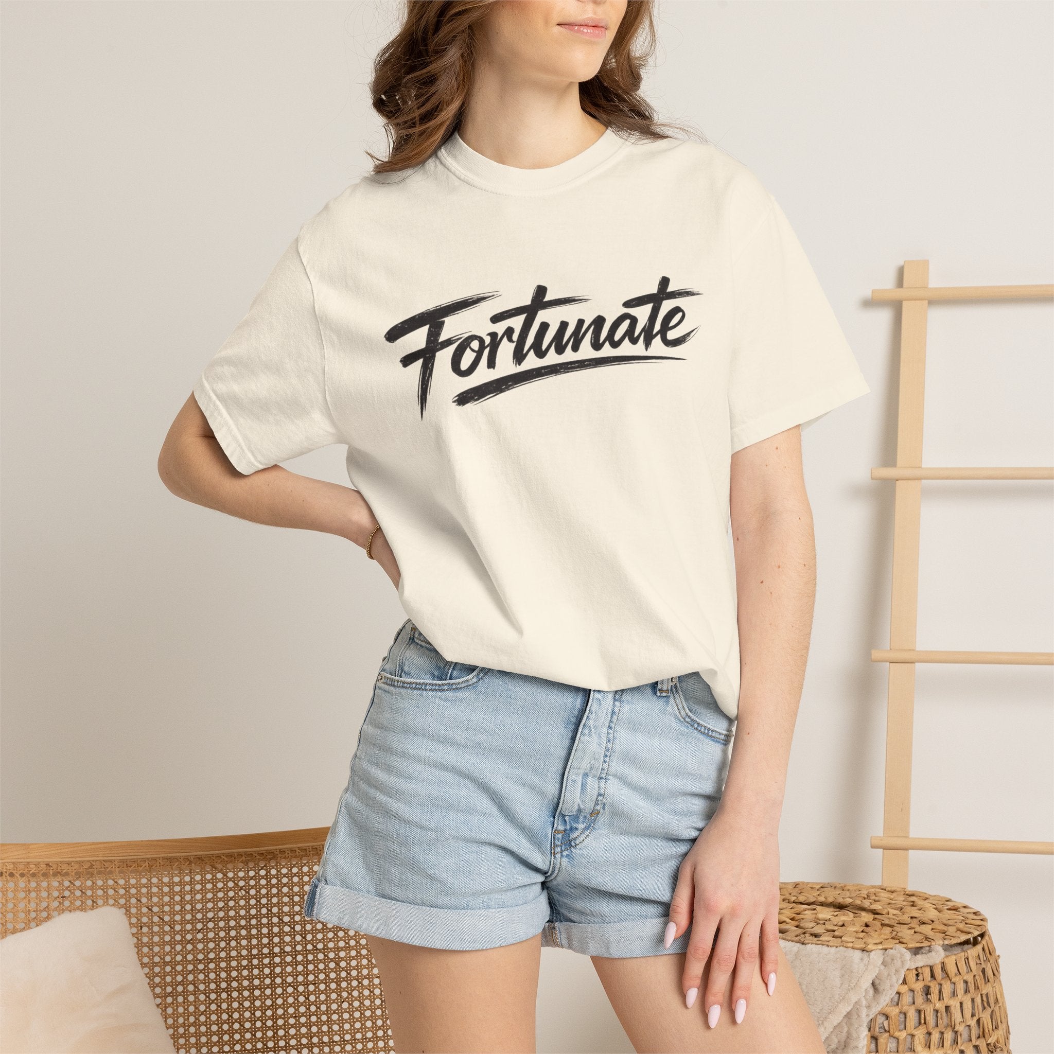 Fortunate Script T-Shirt — Casual Graphic Tee with 'Fortunate' Handwritten Logo