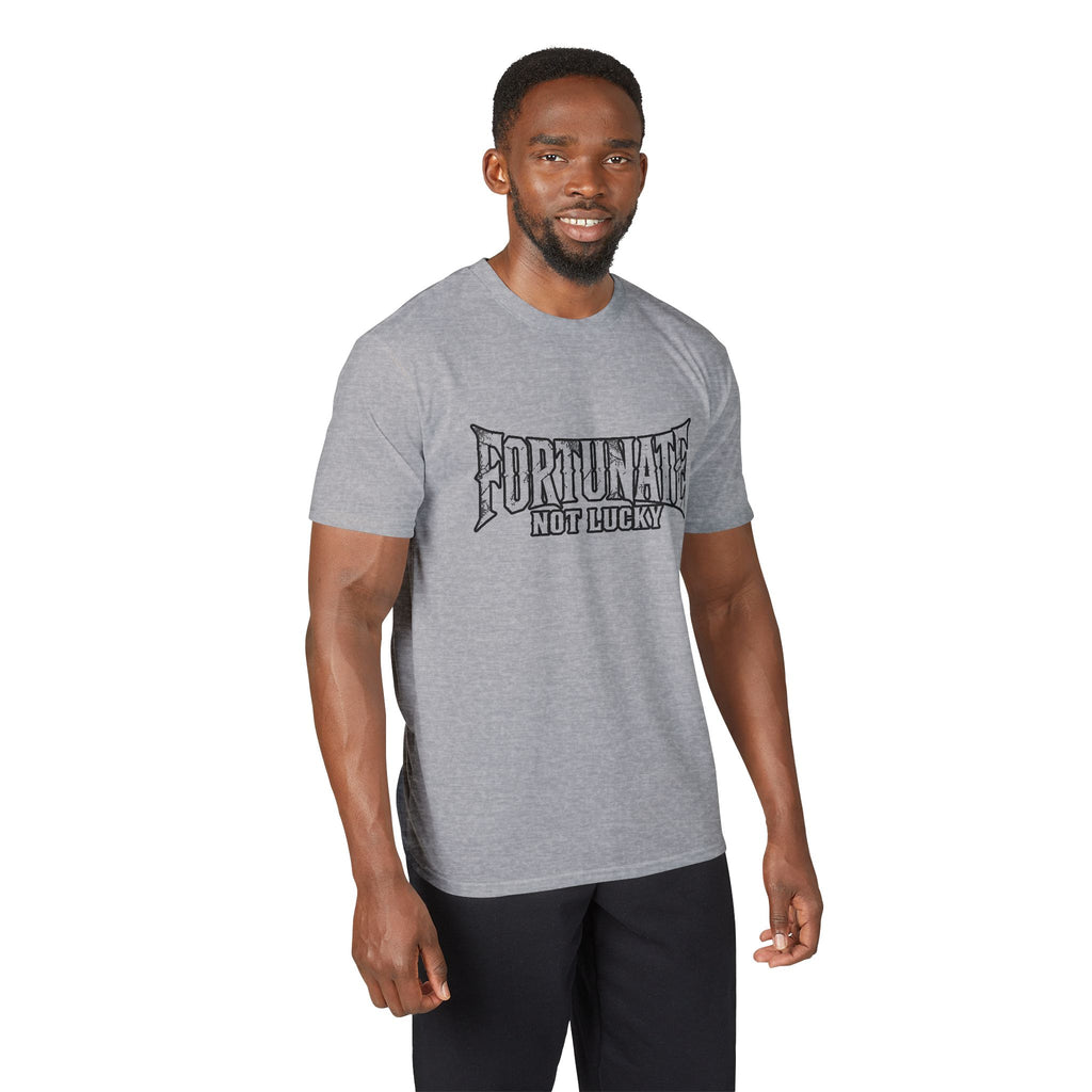 Fortunate Not Lucky Graphic T-Shirt — Edgy Black Lettering Performance Tee