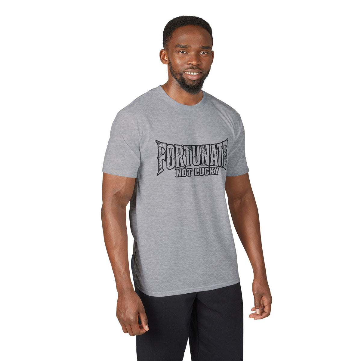 Fortunate Not Lucky Graphic T-Shirt — Edgy Black Lettering Performance Tee