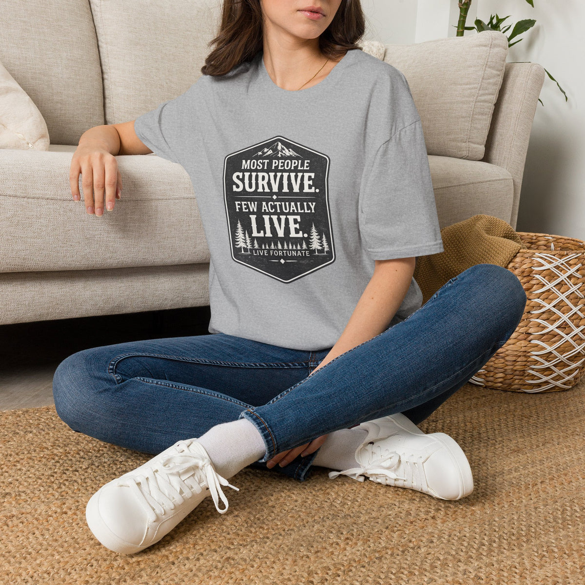 T-Shirt — Most People Survive. Few Actually Live. (Outdoor Adventure Graphic)