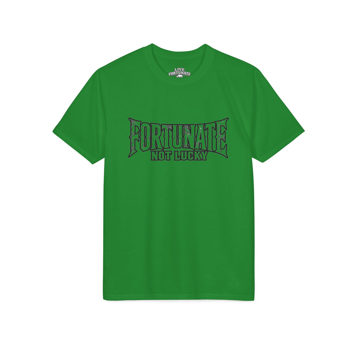Fortunate Not Lucky Graphic T-Shirt — Edgy Black Lettering Performance Tee