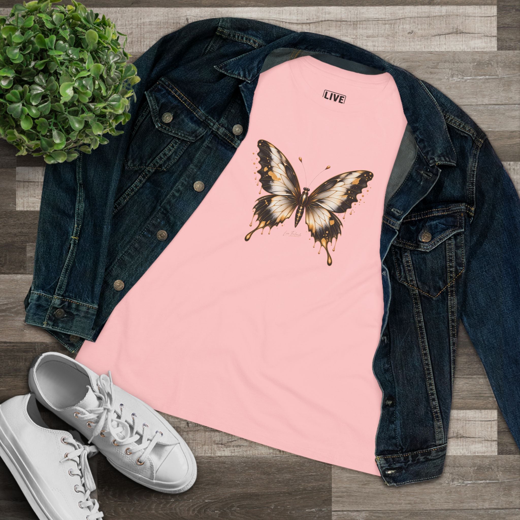 Butterfly Graphic Tee — Black/Antique White/Gold butterfly
