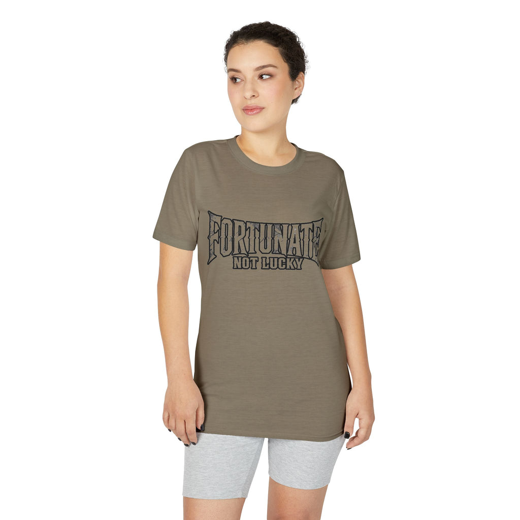 Fortunate Not Lucky Graphic T-Shirt — Edgy Black Lettering Performance Tee