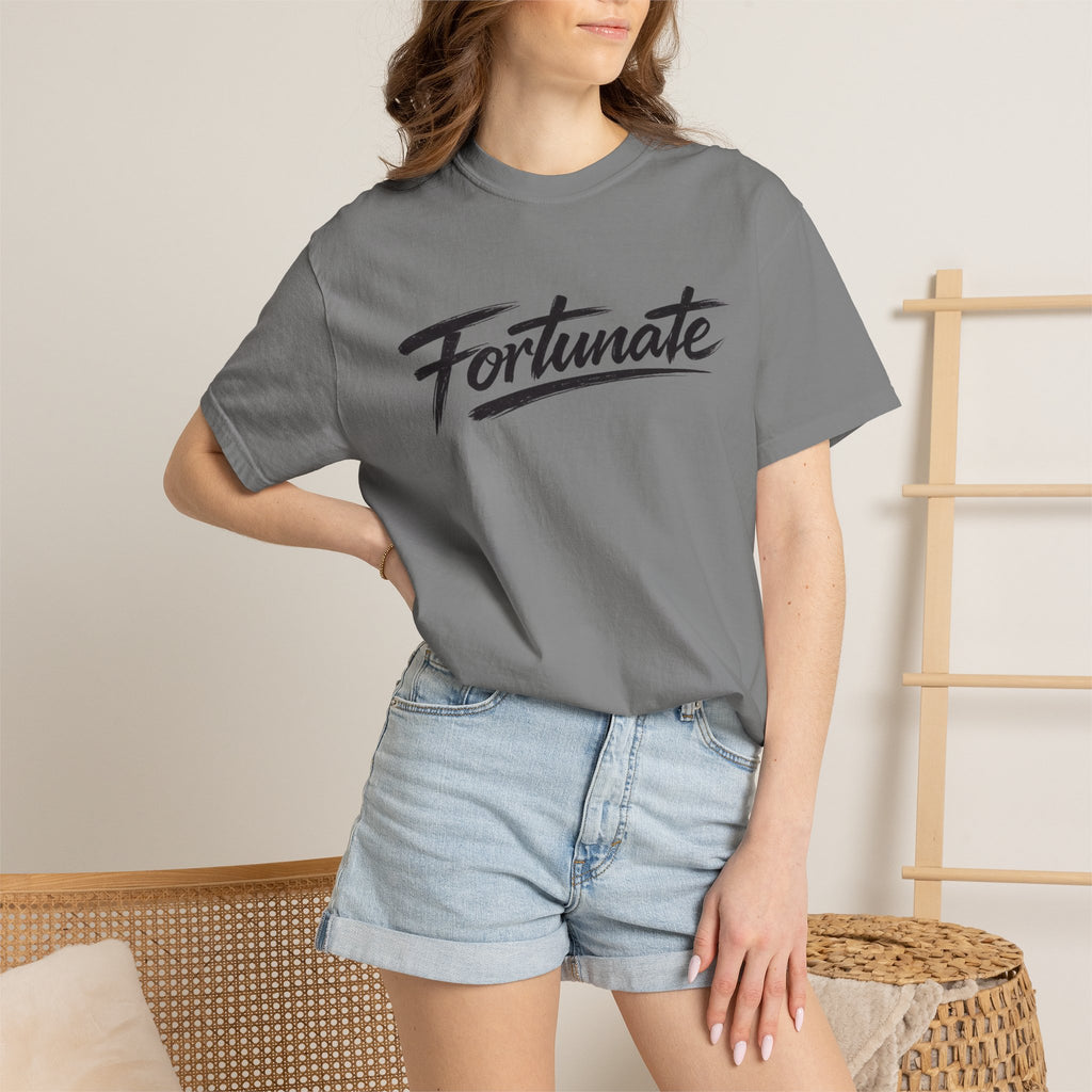 Fortunate Script T-Shirt — Casual Graphic Tee with 'Fortunate' Handwritten Logo