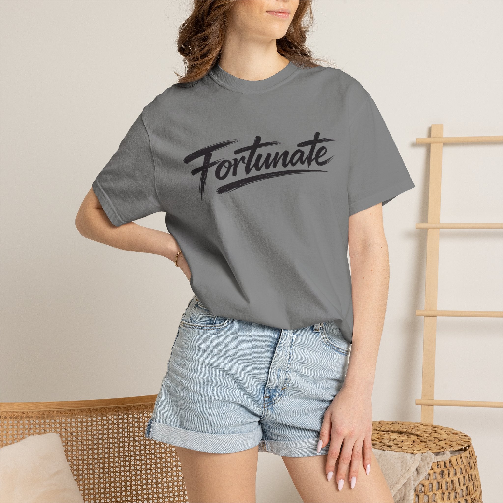 Fortunate Script T-Shirt — Casual Graphic Tee with 'Fortunate' Handwritten Logo