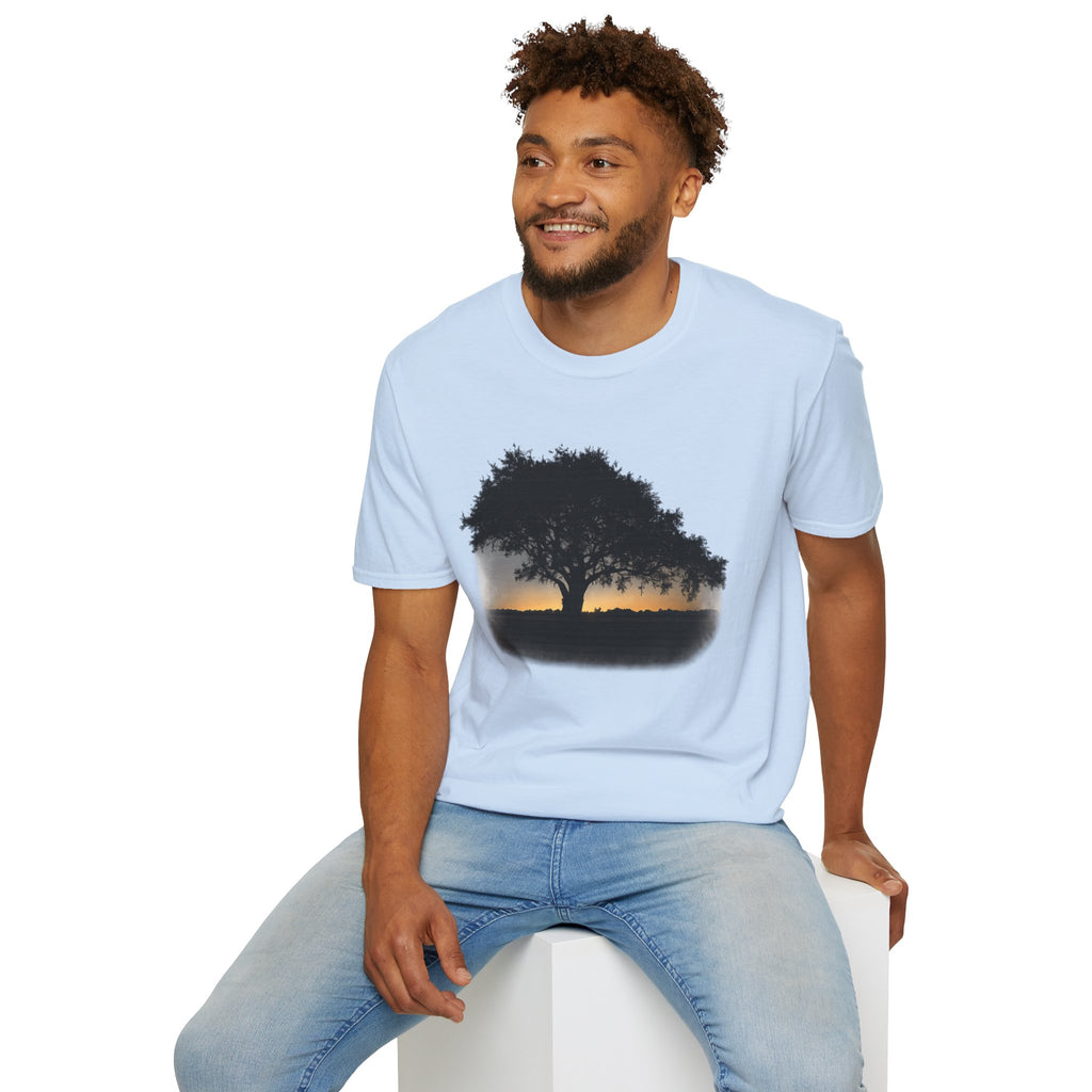 Tree of Clues Sunset T-Shirt — Silhouette Nature Graphic Tee