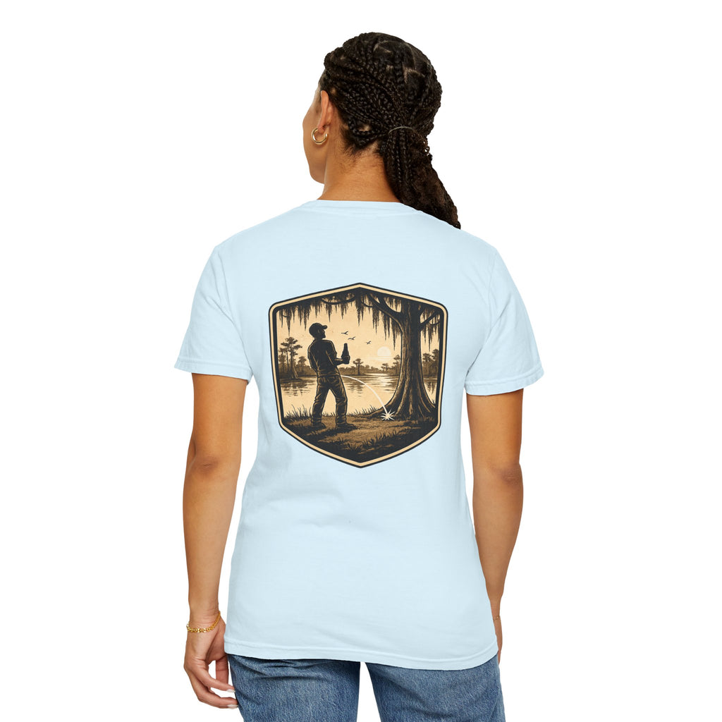 Fishing Lake Scene T-Shirt — Vintage Angler Silhouette Tee