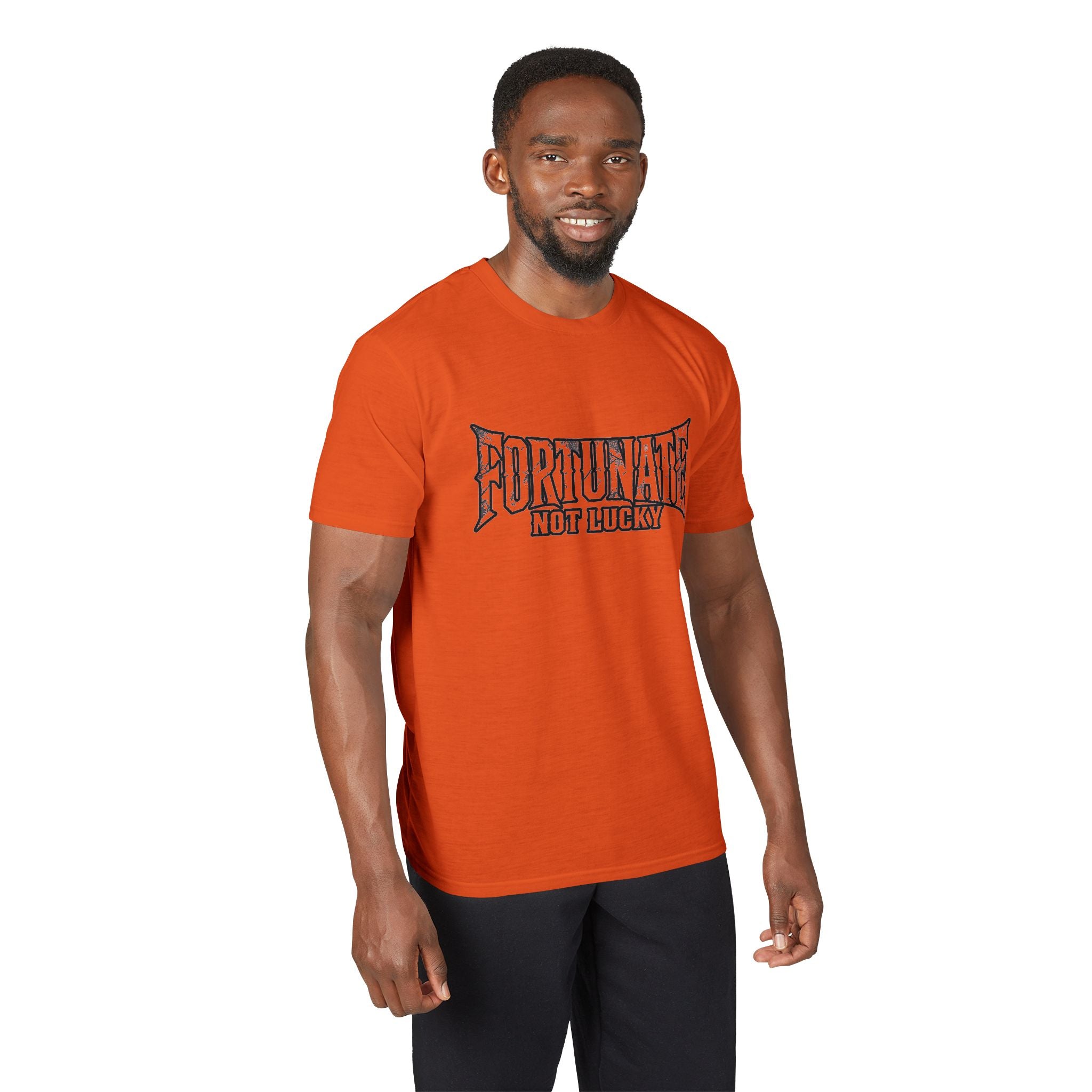 Fortunate Not Lucky Graphic T-Shirt — Edgy Black Lettering Performance Tee