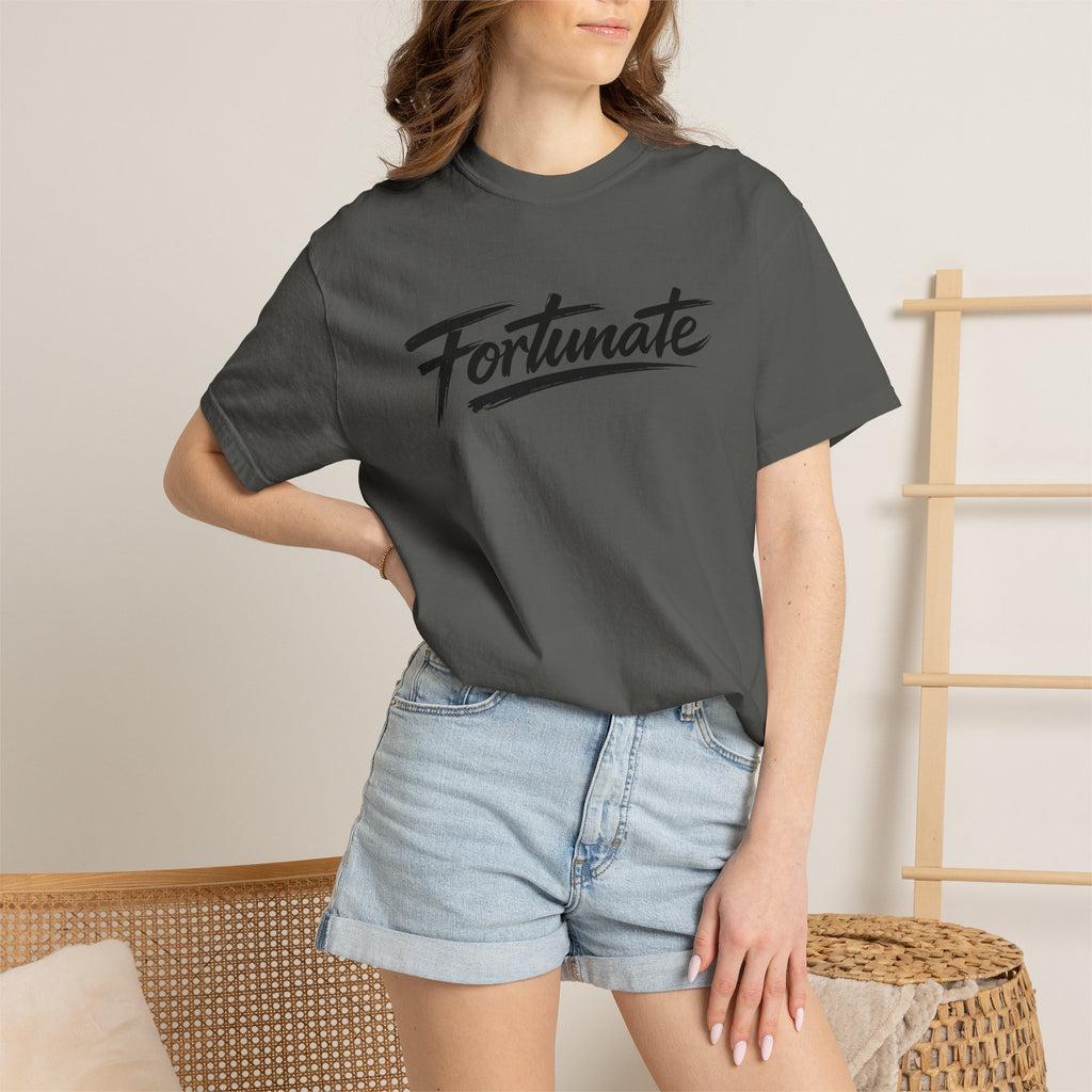 Fortunate Script T-Shirt — Casual Graphic Tee with 'Fortunate' Handwritten Logo