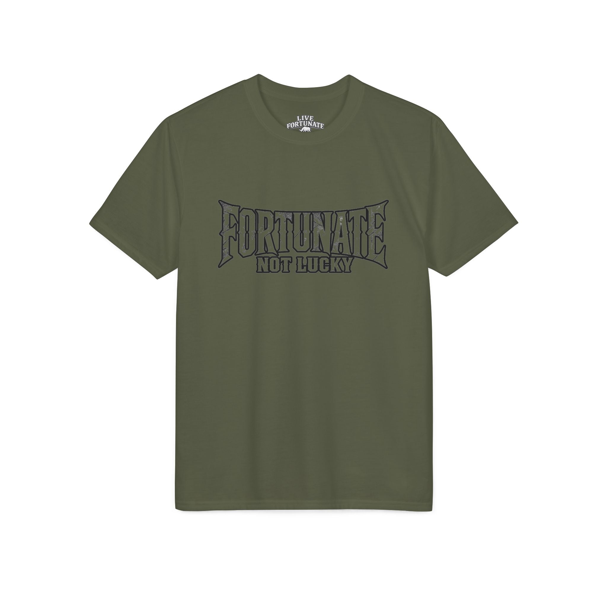 Fortunate Not Lucky Graphic T-Shirt — Edgy Black Lettering Performance Tee