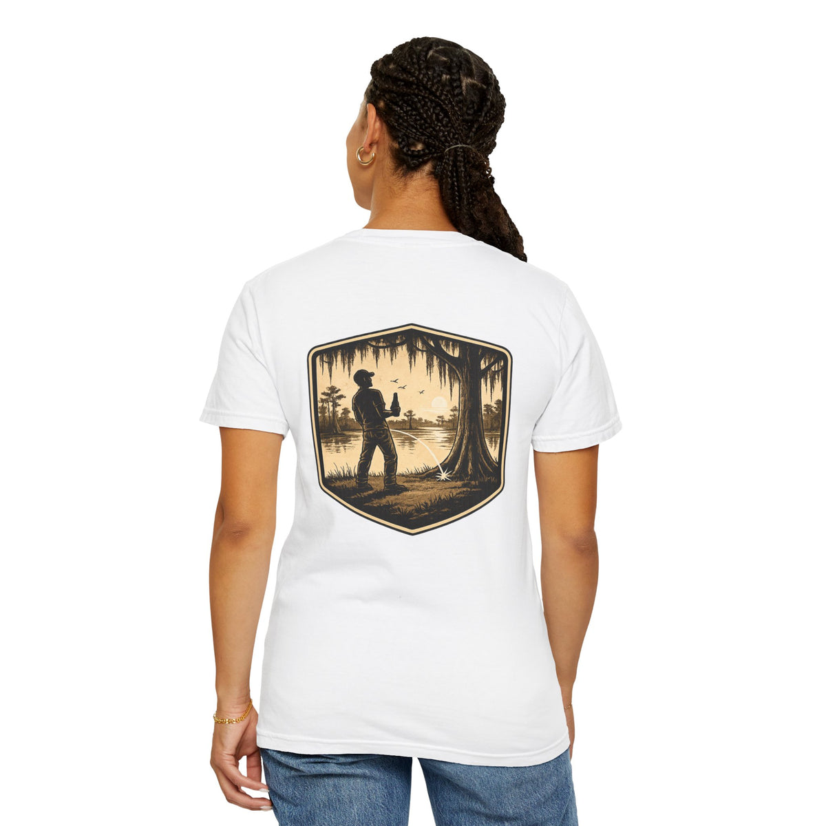 Fishing Lake Scene T-Shirt — Vintage Angler Silhouette Tee