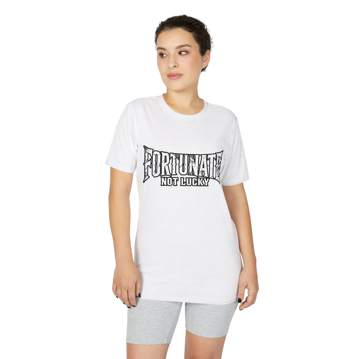 Fortunate Not Lucky Graphic T-Shirt — Edgy Black Lettering Performance Tee
