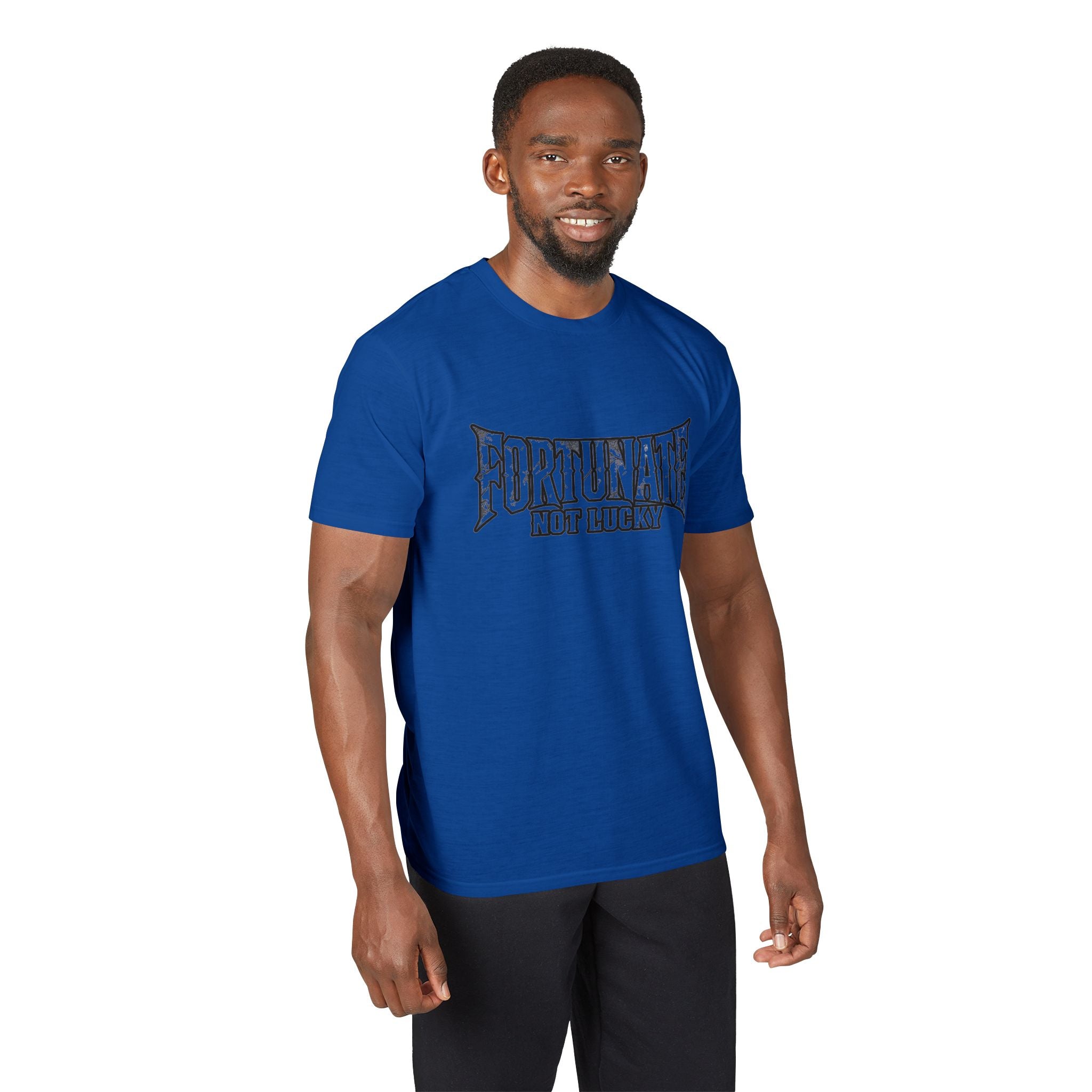 Fortunate Not Lucky Graphic T-Shirt — Edgy Black Lettering Performance Tee