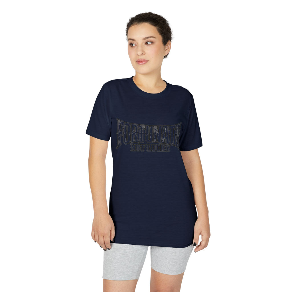 Fortunate Not Lucky Graphic T-Shirt — Edgy Black Lettering Performance Tee