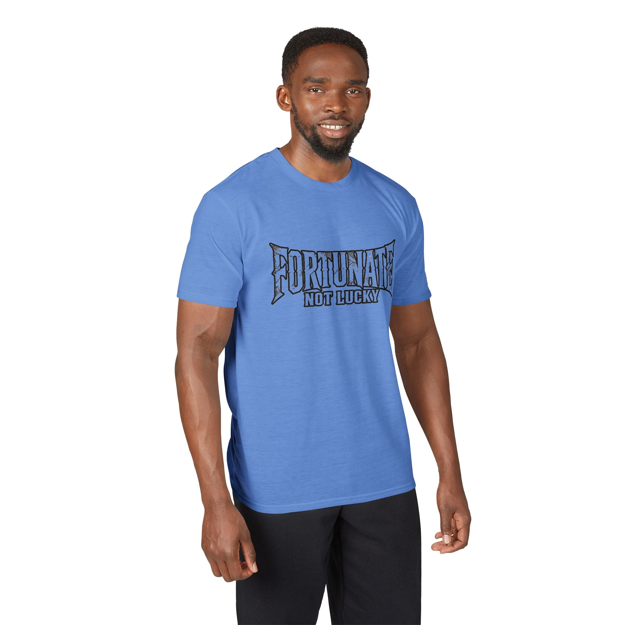 Fortunate Not Lucky Graphic T-Shirt — Edgy Black Lettering Performance Tee