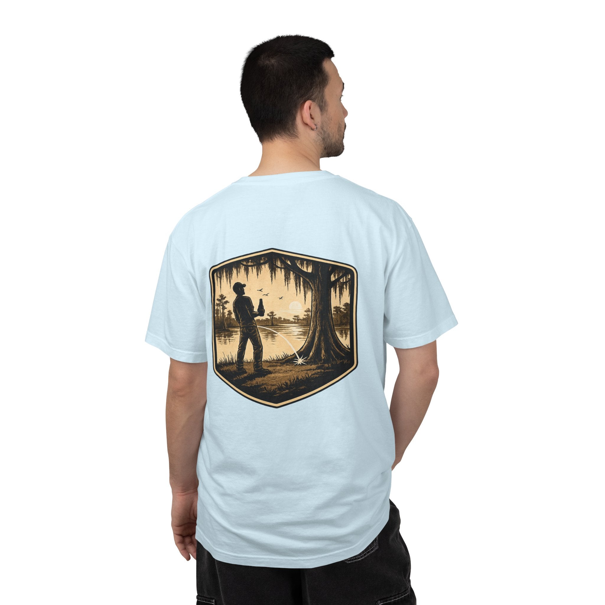 Fishing Lake Scene T-Shirt — Vintage Angler Silhouette Tee
