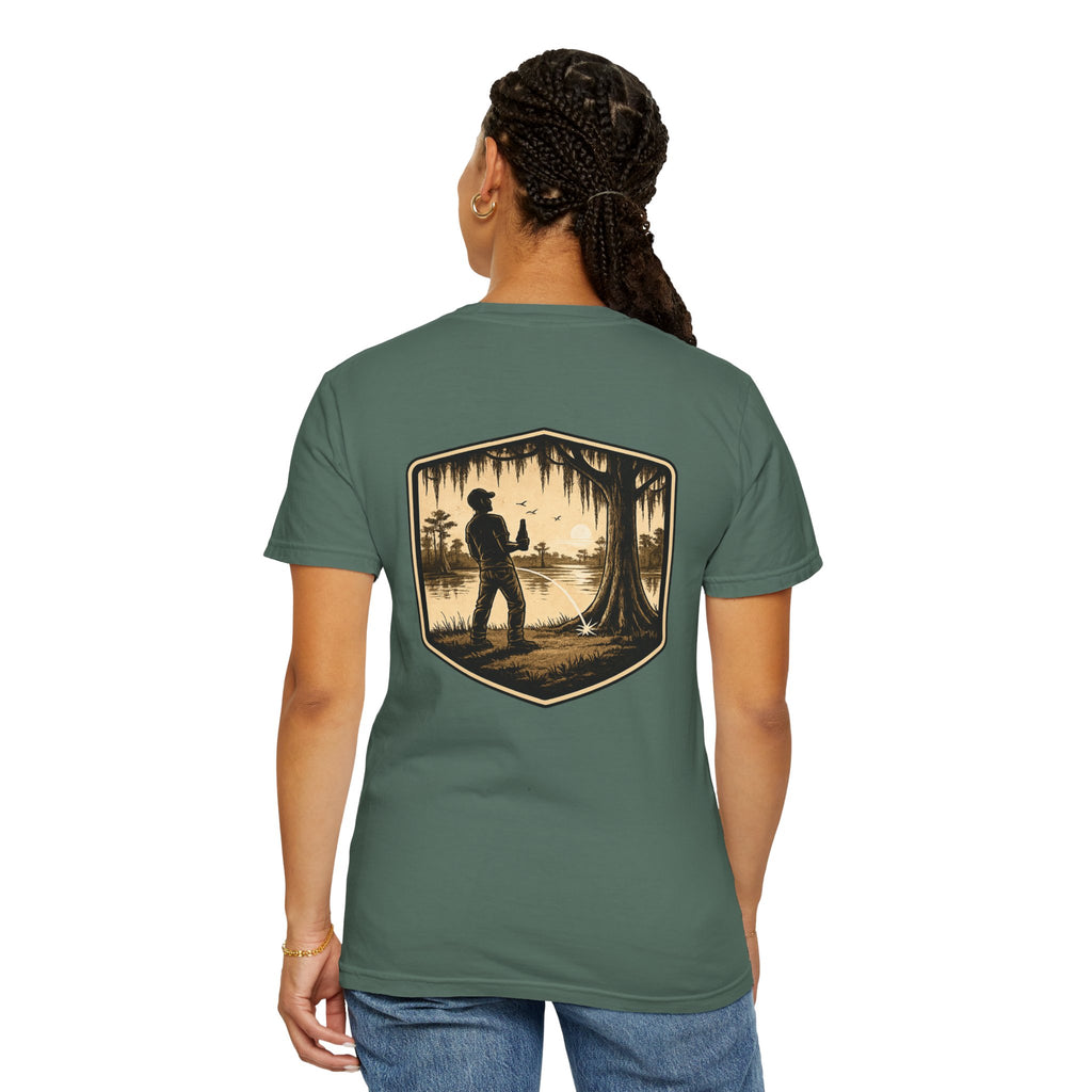 Fishing Lake Scene T-Shirt — Vintage Angler Silhouette Tee