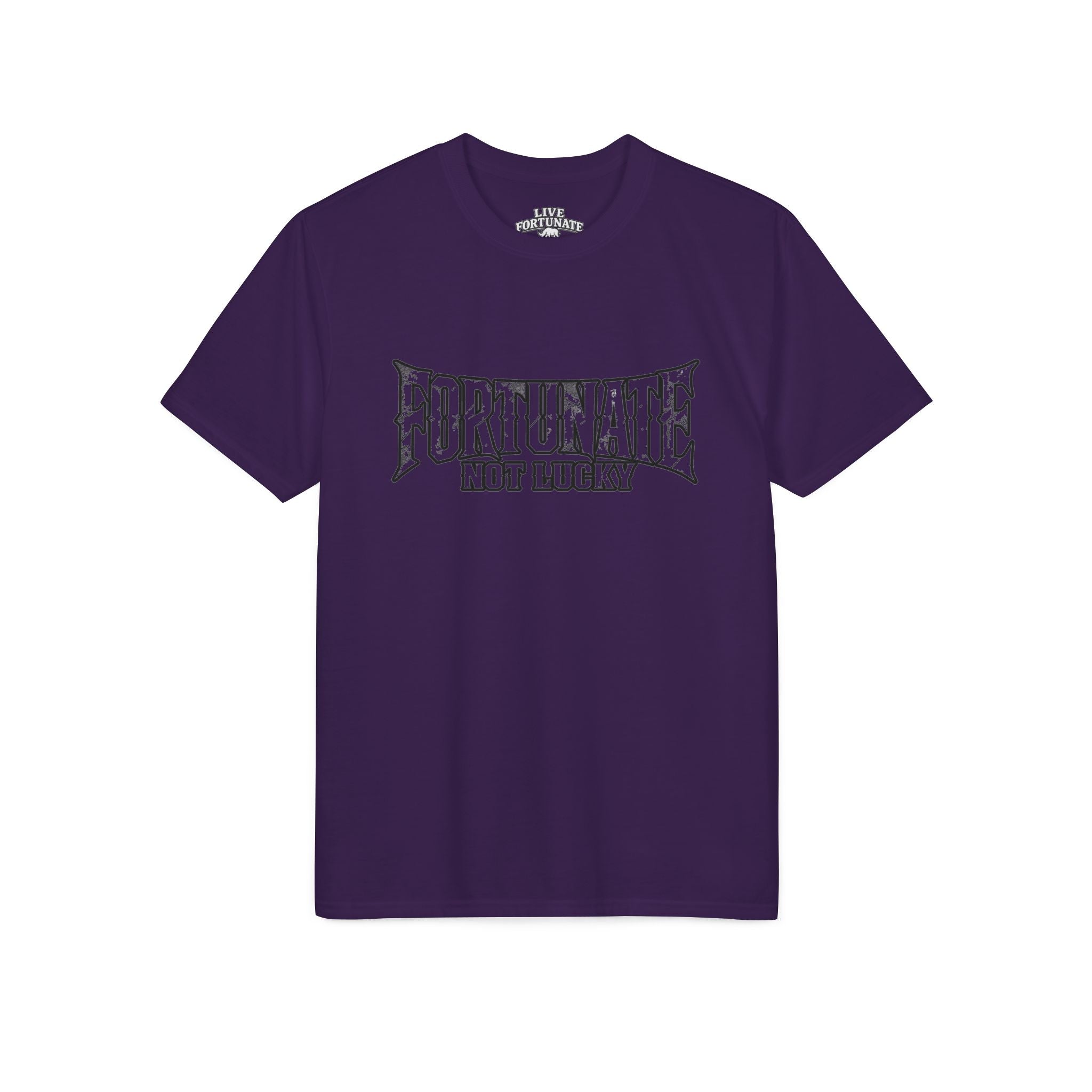 Fortunate Not Lucky Graphic T-Shirt — Edgy Black Lettering Performance Tee