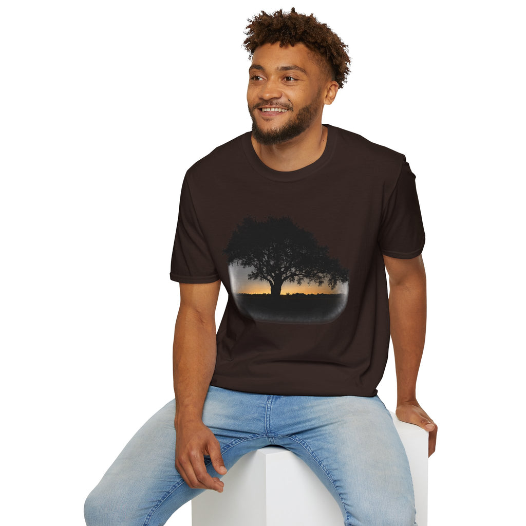 Tree of Clues Sunset T-Shirt — Silhouette Nature Graphic Tee