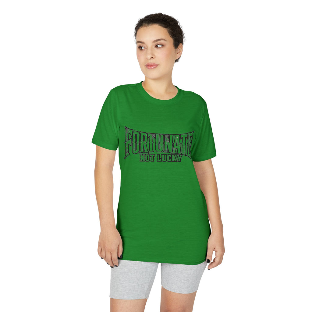 Fortunate Not Lucky Graphic T-Shirt — Edgy Black Lettering Performance Tee
