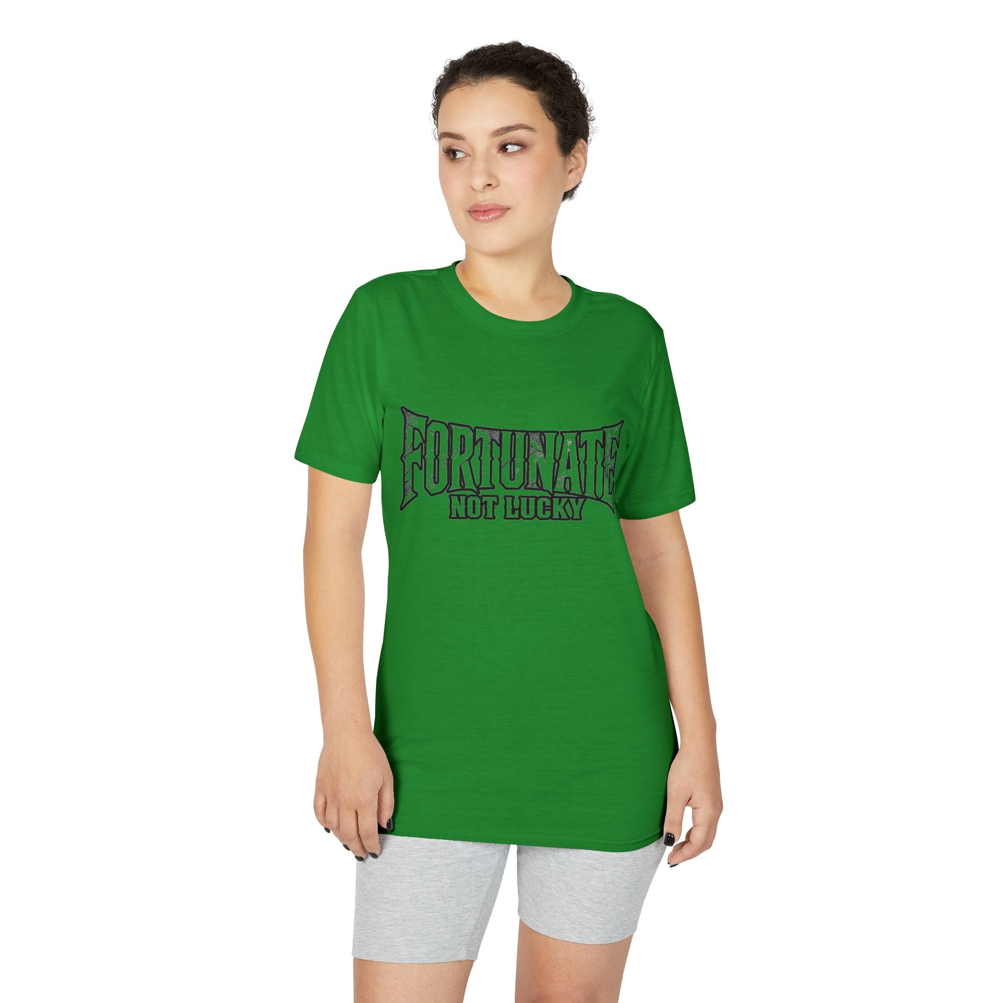 Fortunate Not Lucky Graphic T-Shirt — Edgy Black Lettering Performance Tee