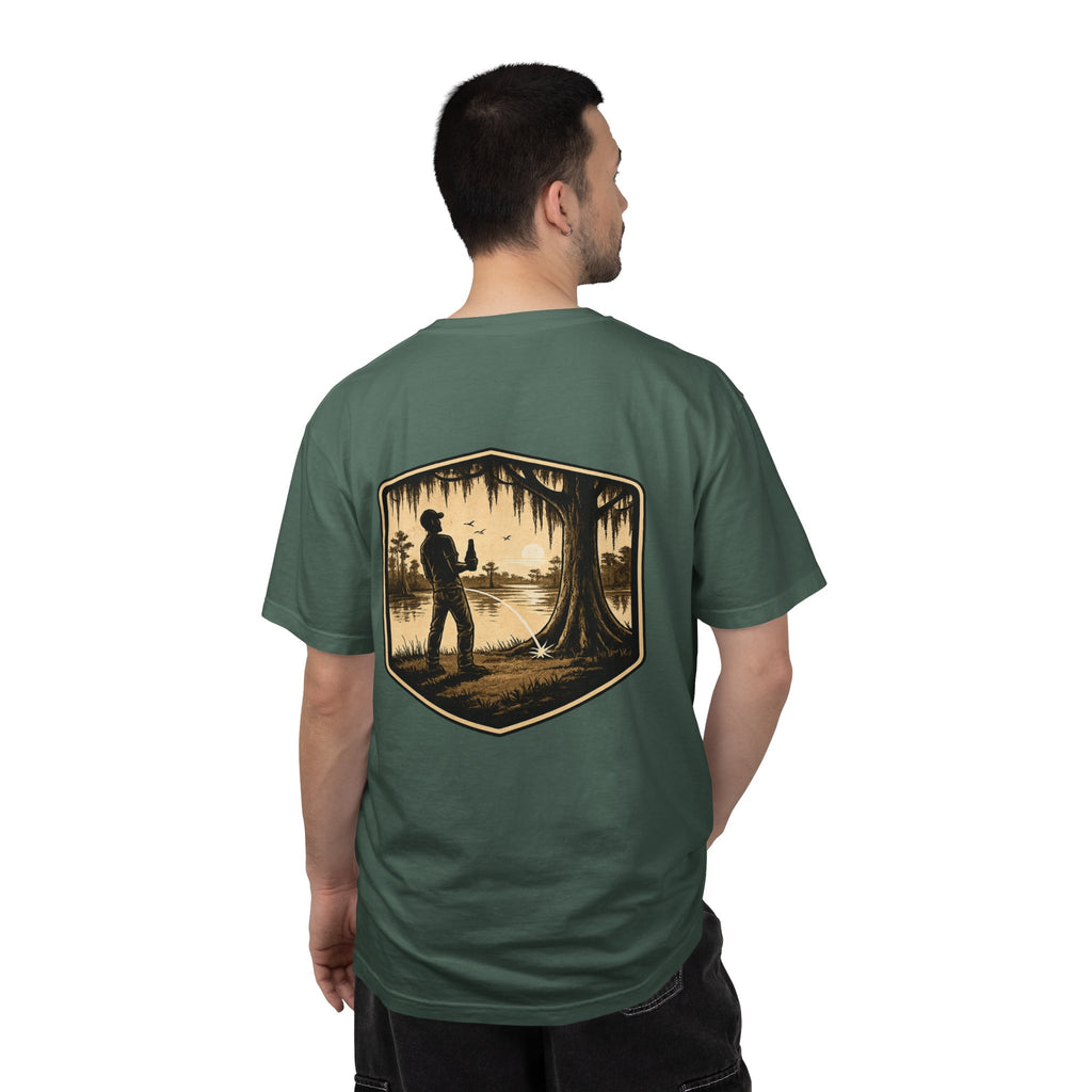 Fishing Lake Scene T-Shirt — Vintage Angler Silhouette Tee