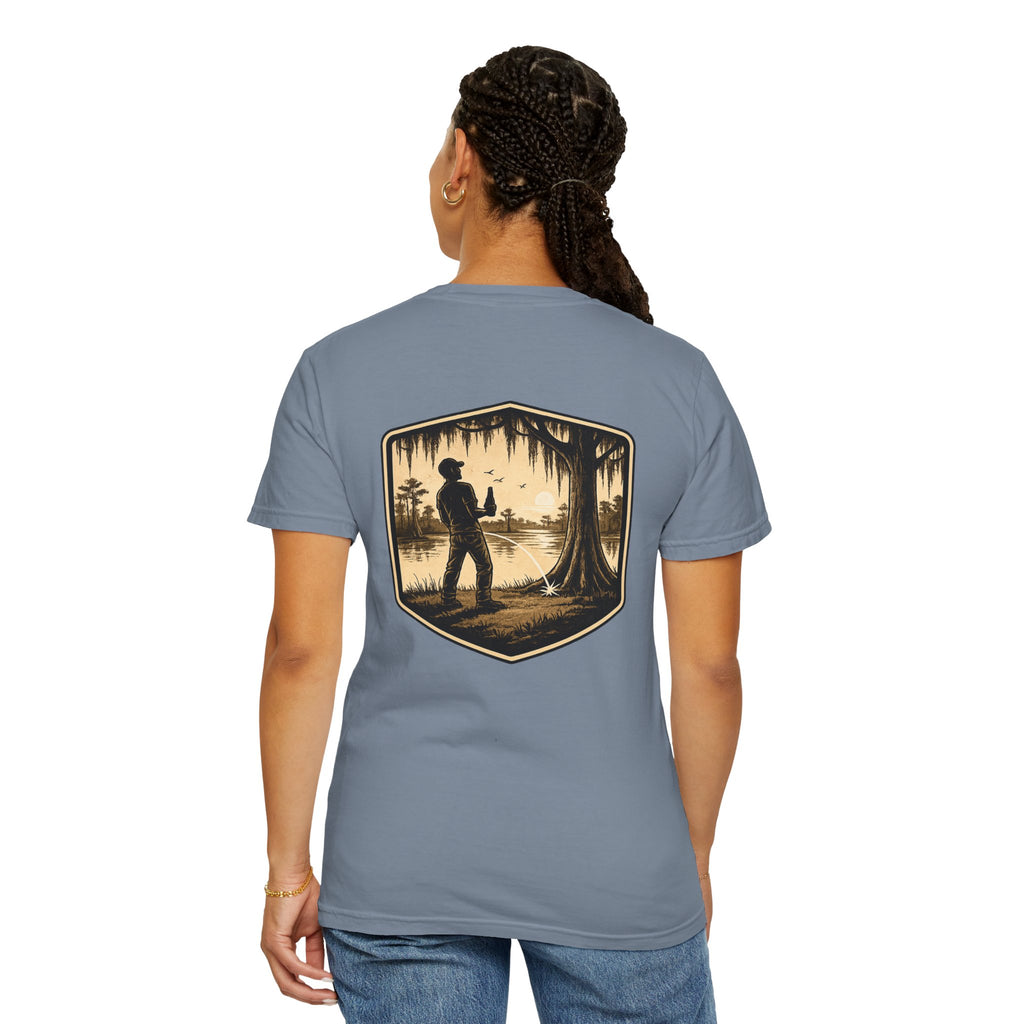 Fishing Lake Scene T-Shirt — Vintage Angler Silhouette Tee