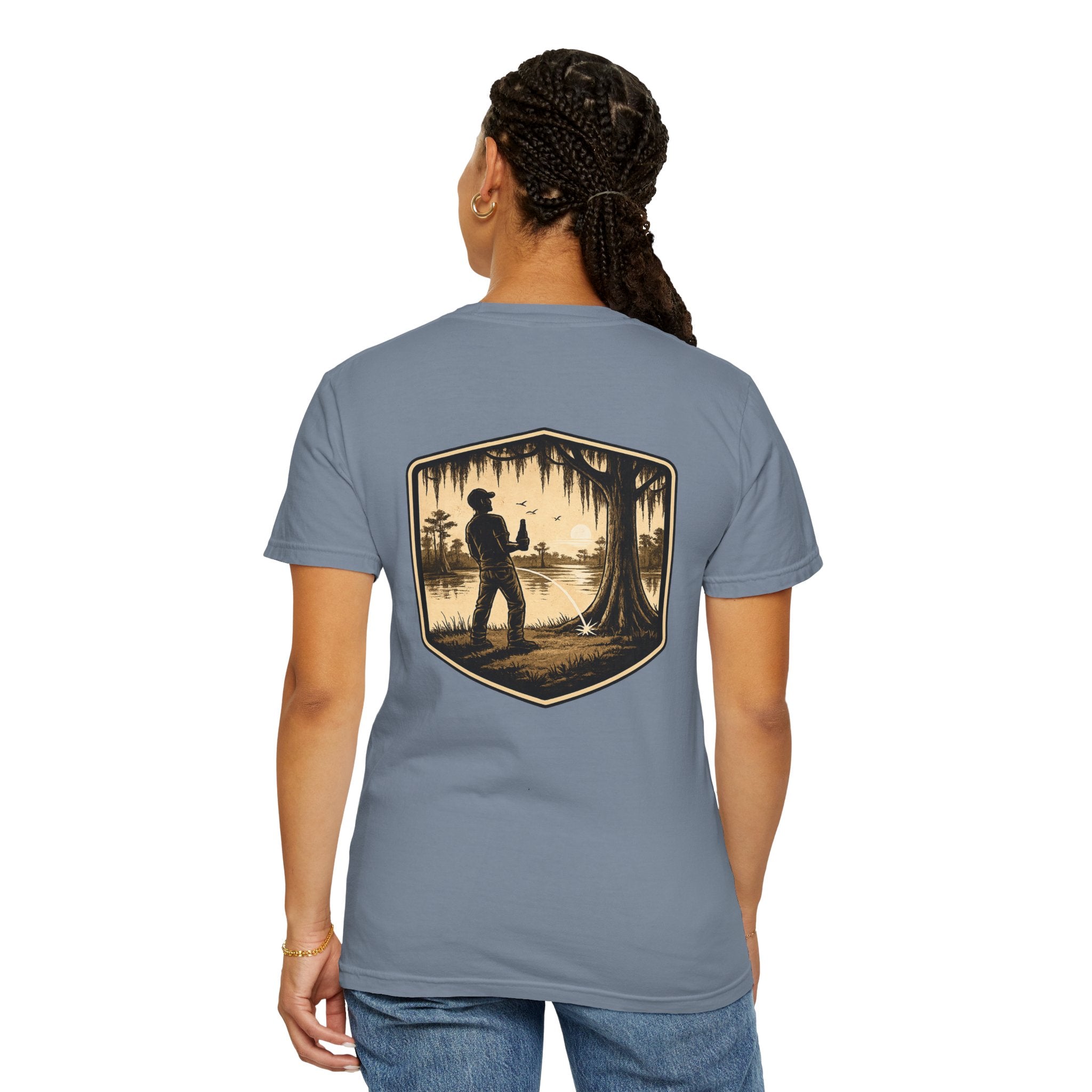 Fishing Lake Scene T-Shirt — Vintage Angler Silhouette Tee