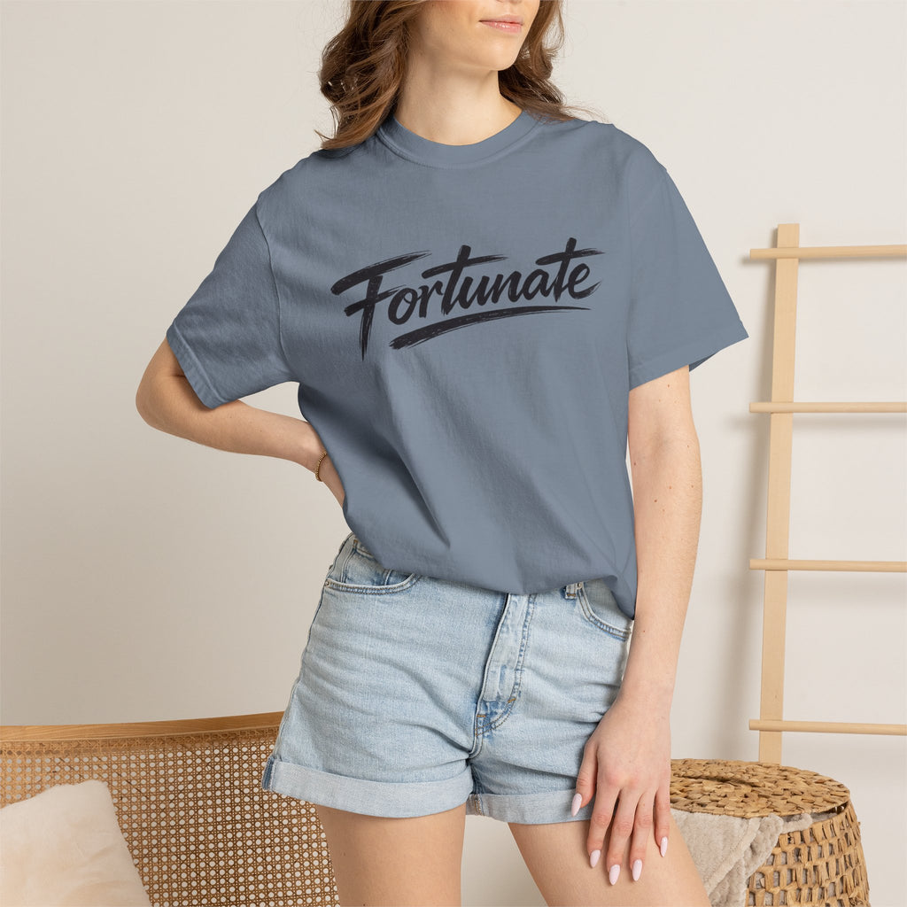 Fortunate Script T-Shirt — Casual Graphic Tee with 'Fortunate' Handwritten Logo