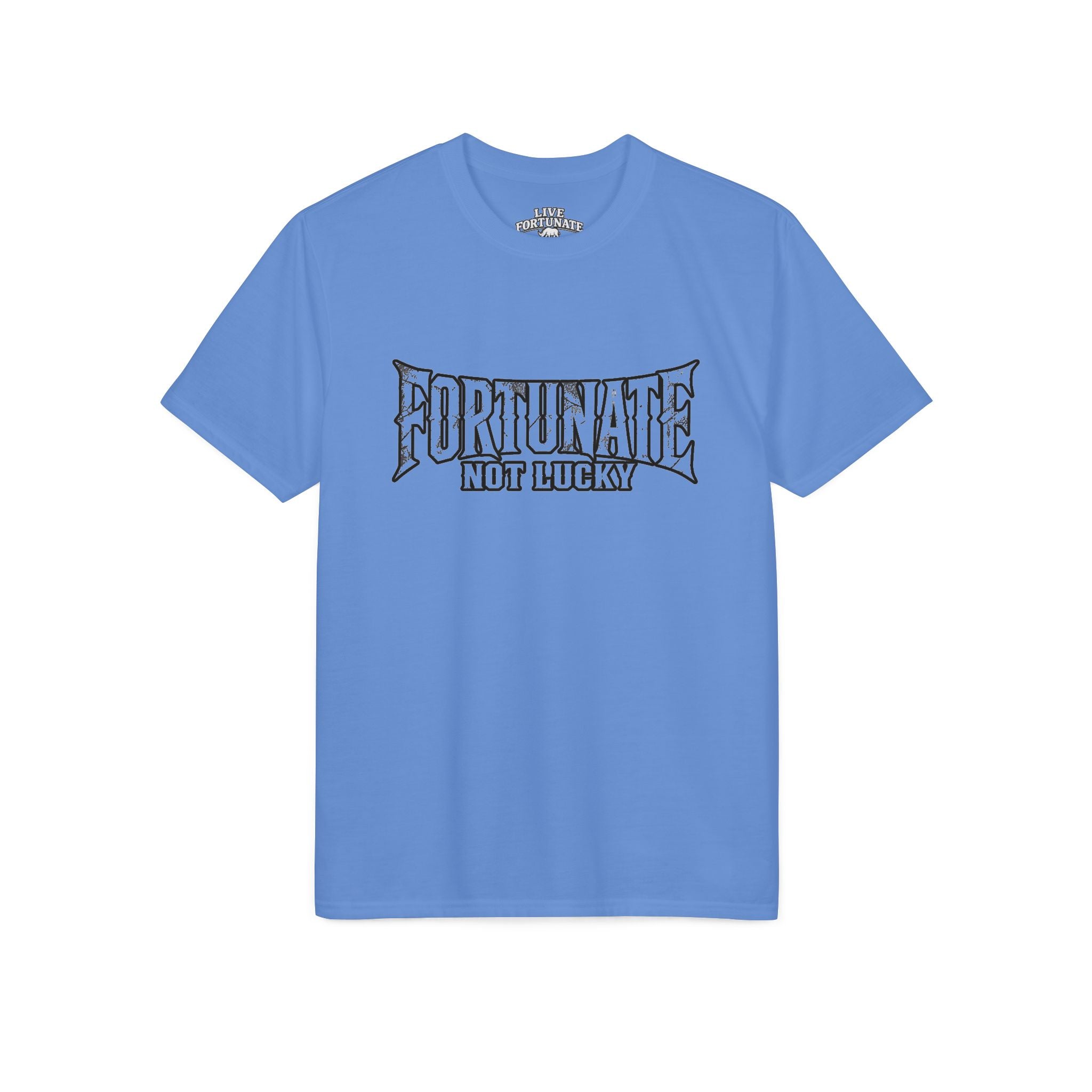 Fortunate Not Lucky Graphic T-Shirt — Edgy Black Lettering Performance Tee