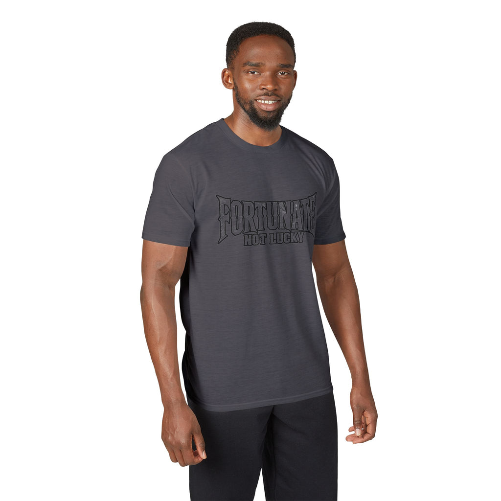 Fortunate Not Lucky Graphic T-Shirt — Edgy Black Lettering Performance Tee
