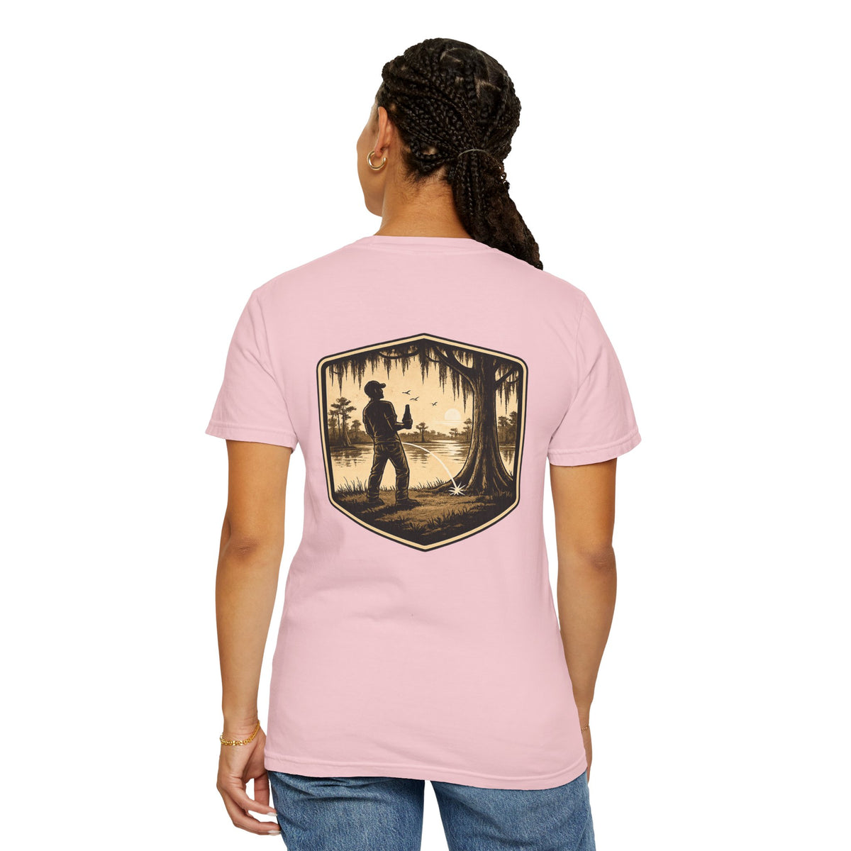 Fishing Lake Scene T-Shirt — Vintage Angler Silhouette Tee