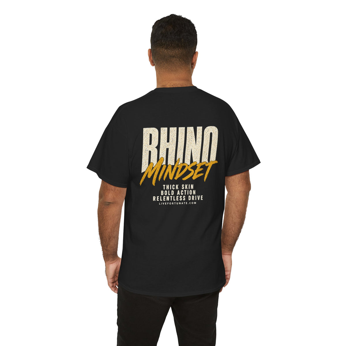 Rhino Mindset Men’s Front & Back Graphic T-Shirt | Live Fortunate