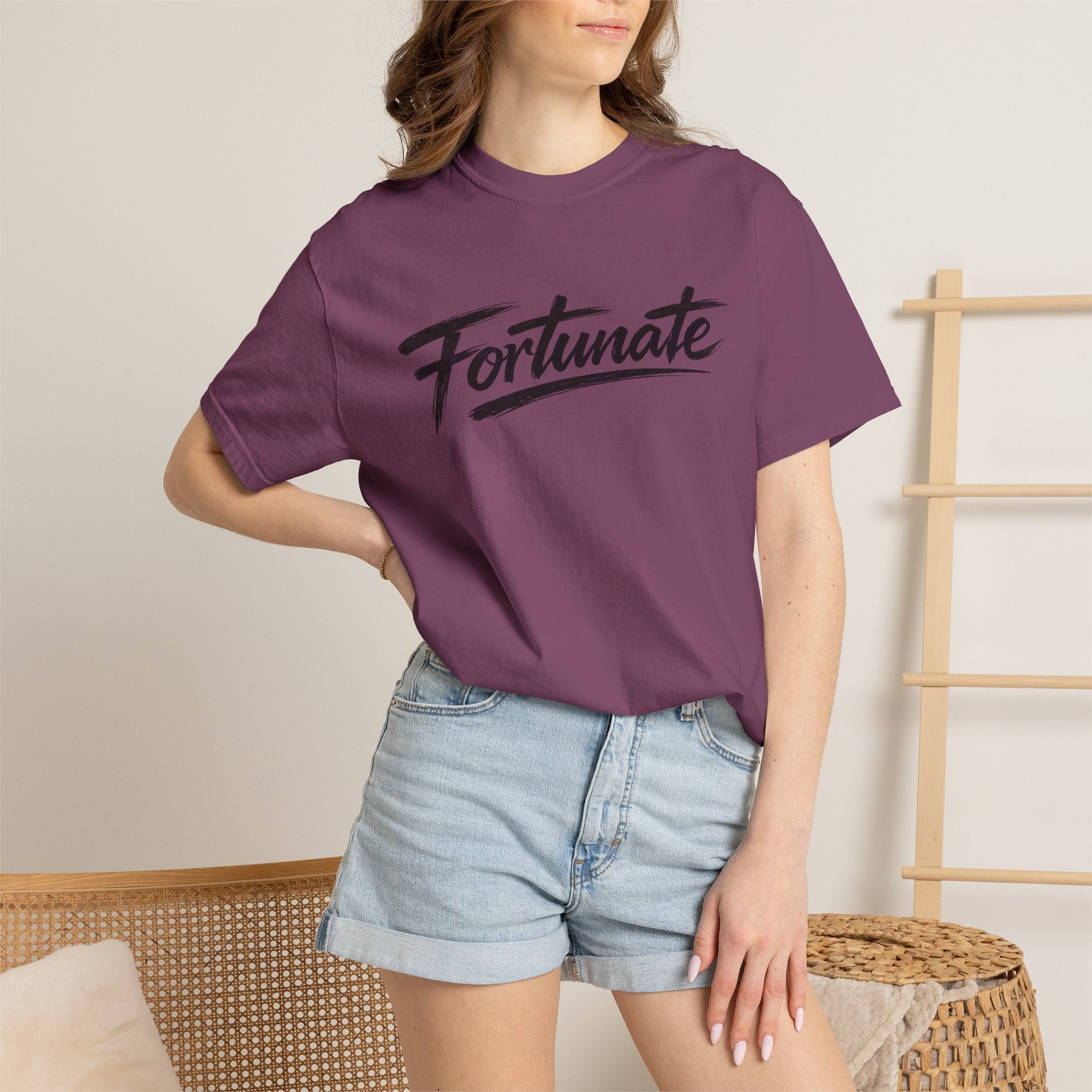 Fortunate Script T-Shirt — Casual Graphic Tee with 'Fortunate' Handwritten Logo