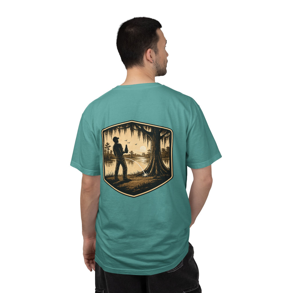 Fishing Lake Scene T-Shirt — Vintage Angler Silhouette Tee