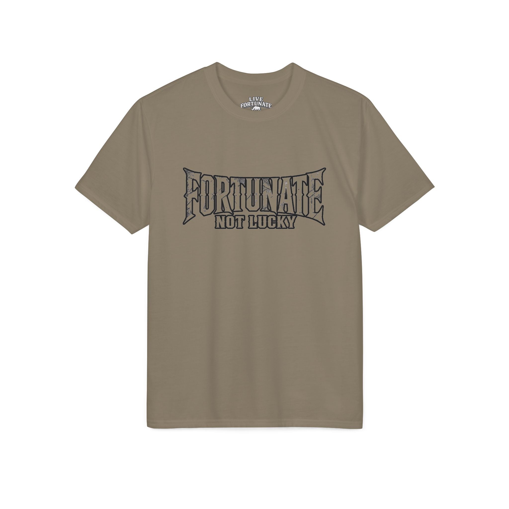 Fortunate Not Lucky Graphic T-Shirt — Edgy Black Lettering Performance Tee