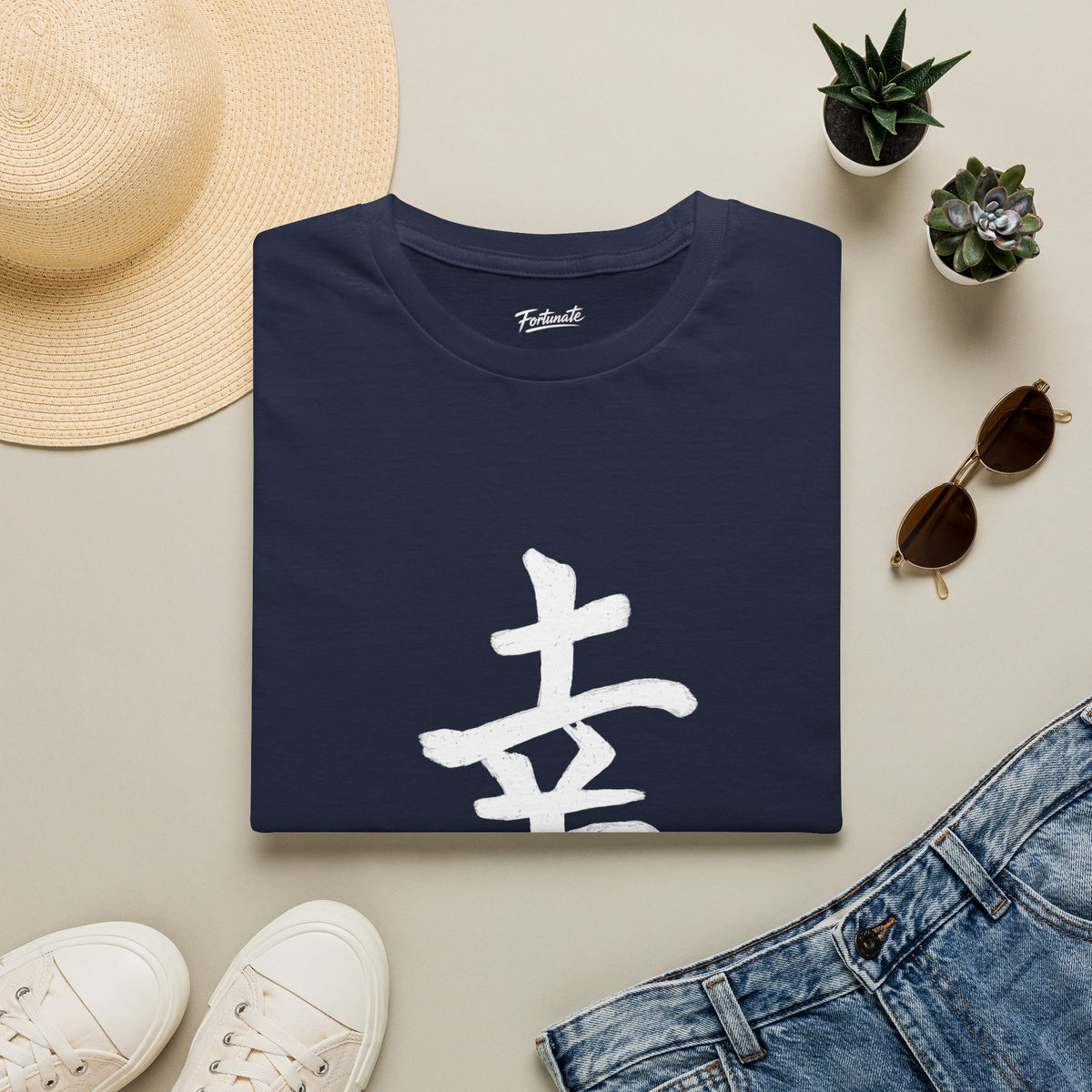 Minimal White T‑Shirt with Subtle Kanji Design — Lightweight Casual Tee