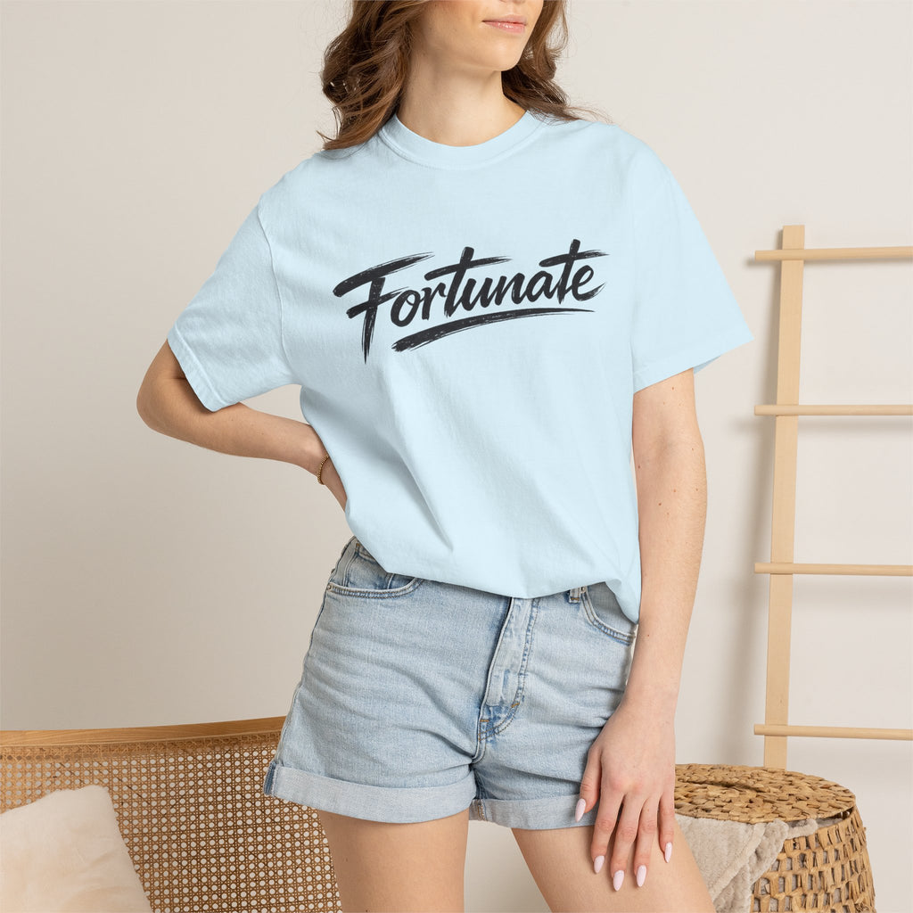 Fortunate Script T-Shirt — Casual Graphic Tee with 'Fortunate' Handwritten Logo
