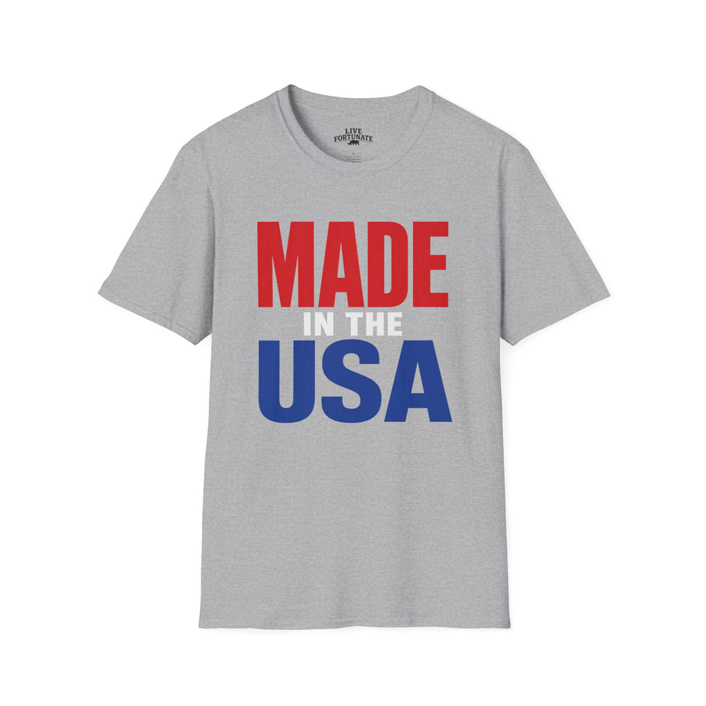 Made in USA T-Shirt — Patriotic Red & Blue Graphic Tee