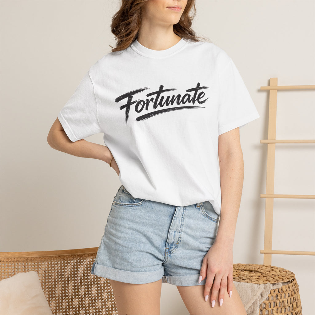 Fortunate Script T-Shirt — Casual Graphic Tee with 'Fortunate' Handwritten Logo