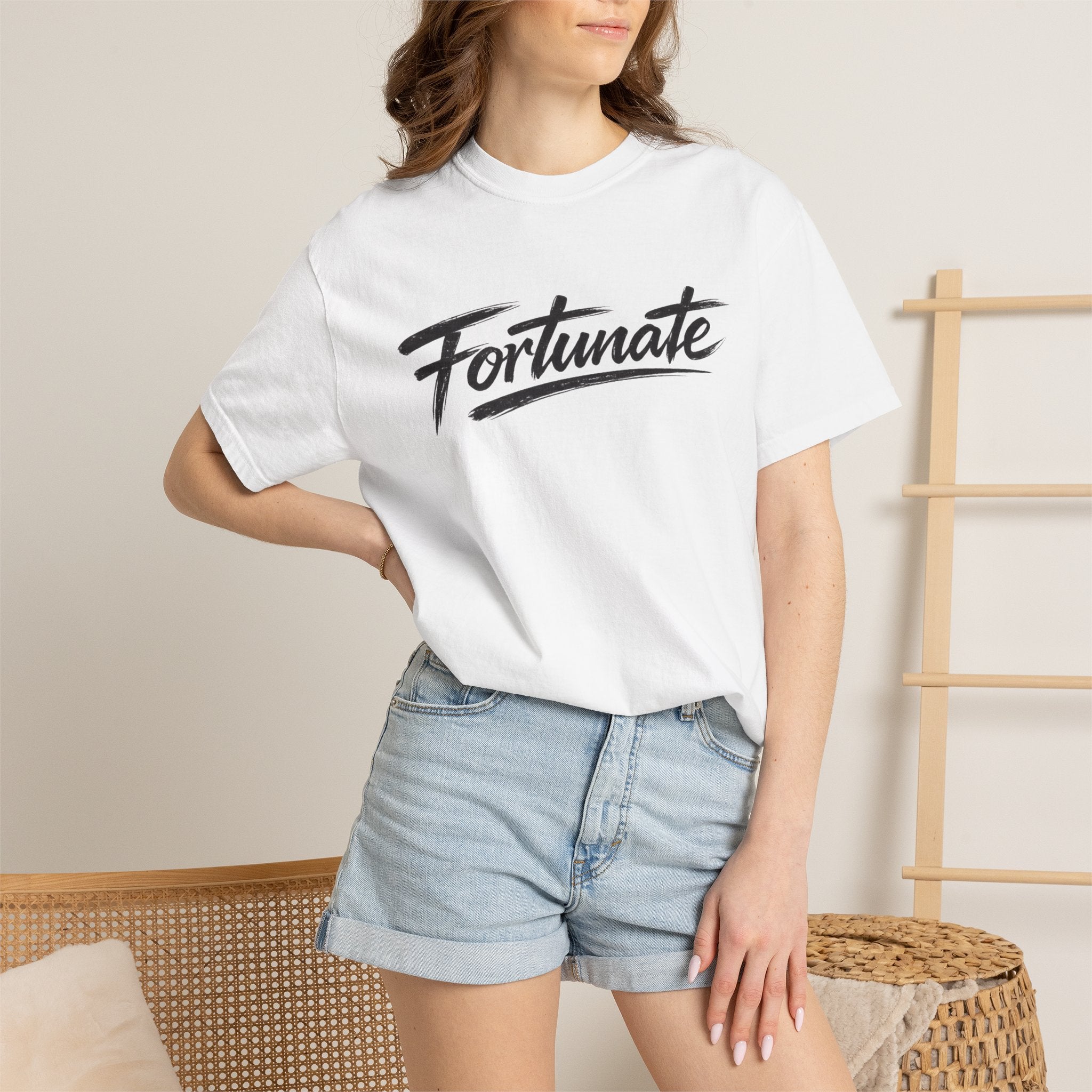 Fortunate Script T-Shirt — Casual Graphic Tee with 'Fortunate' Handwritten Logo