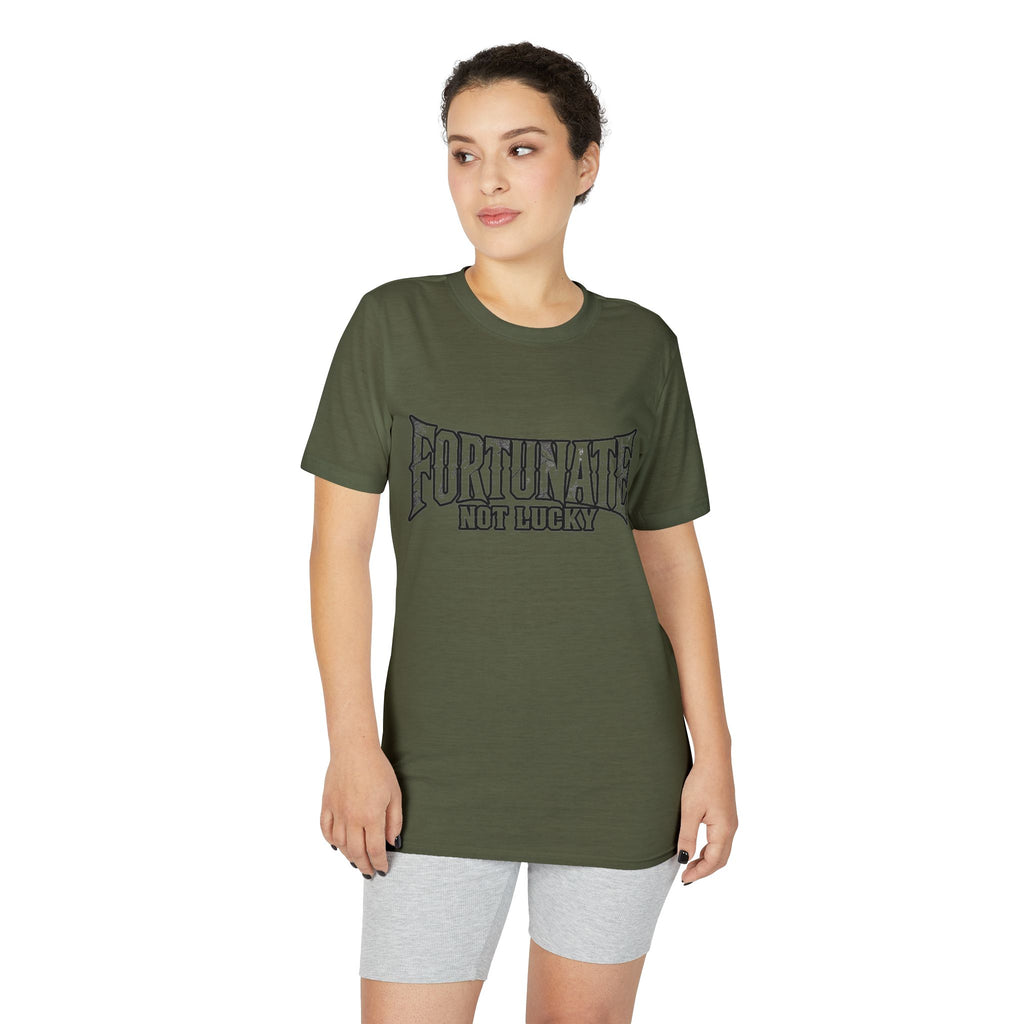 Fortunate Not Lucky Graphic T-Shirt — Edgy Black Lettering Performance Tee