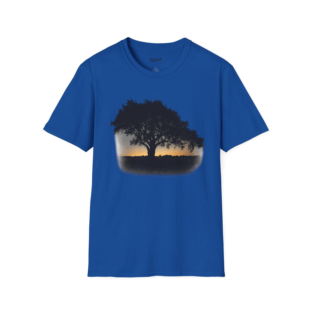 Tree of Clues Sunset T-Shirt — Silhouette Nature Graphic Tee