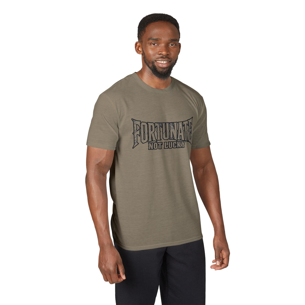 Fortunate Not Lucky Graphic T-Shirt — Edgy Black Lettering Performance Tee