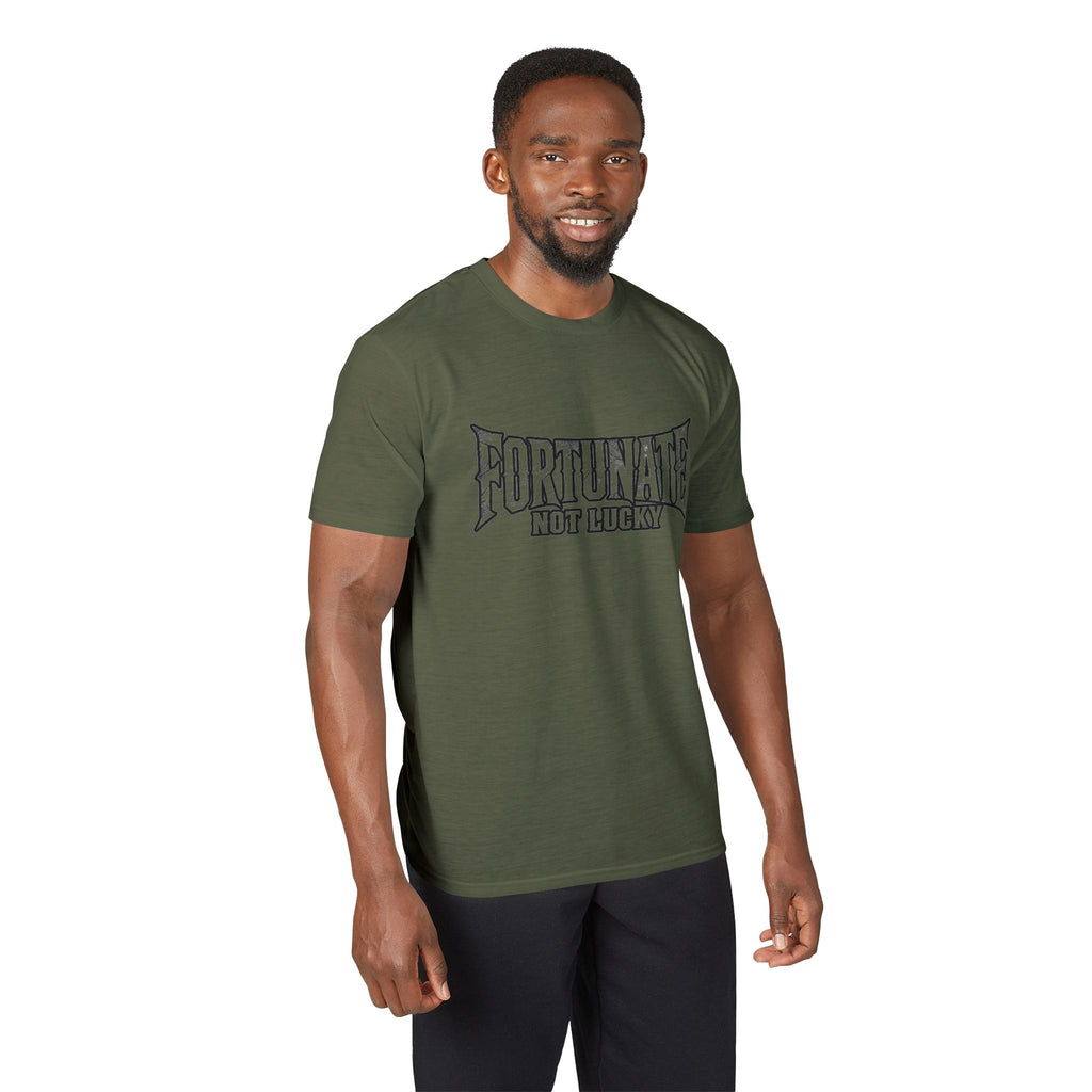 Fortunate Not Lucky Graphic T-Shirt — Edgy Black Lettering Performance Tee