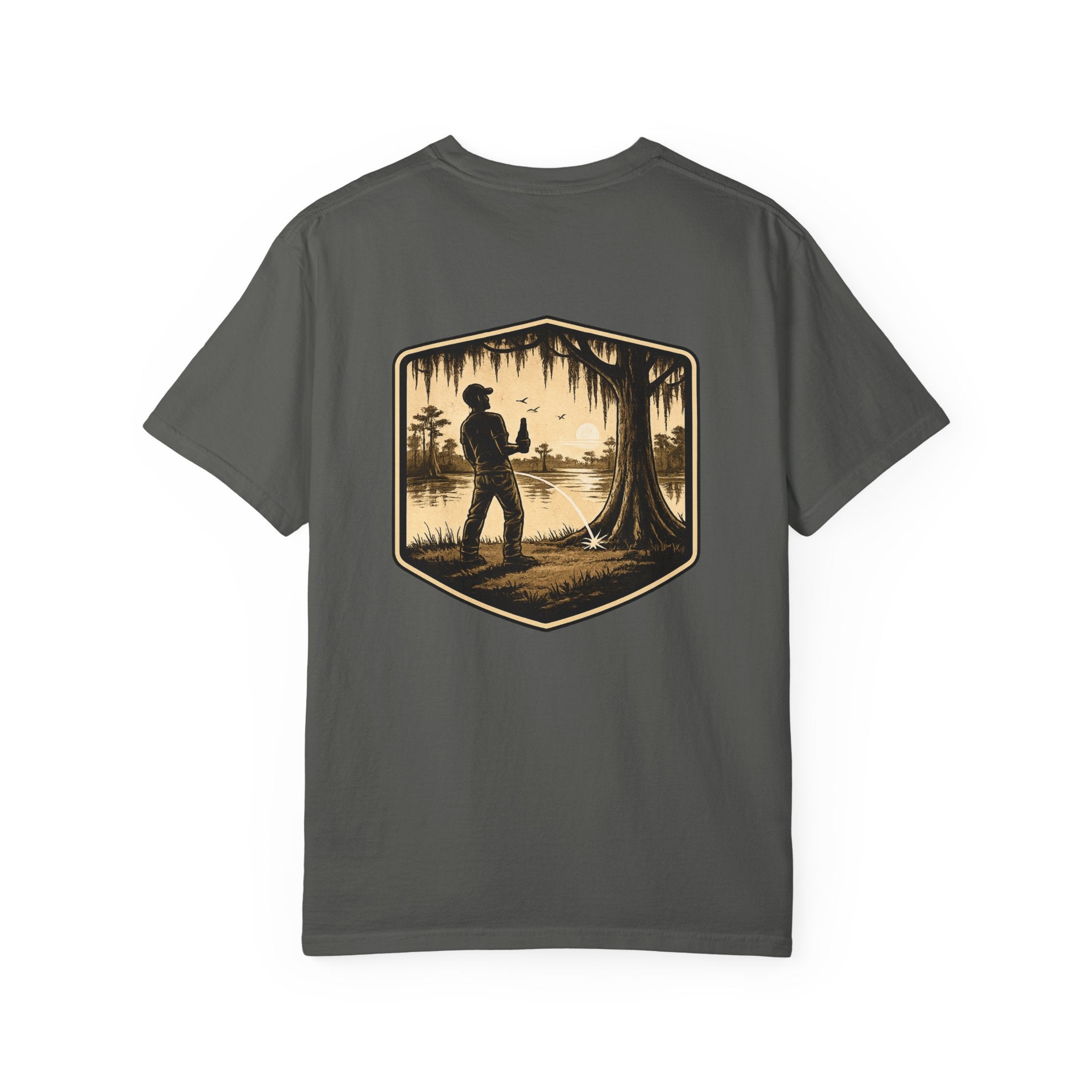 Fishing Lake Scene T-Shirt — Vintage Angler Silhouette Tee