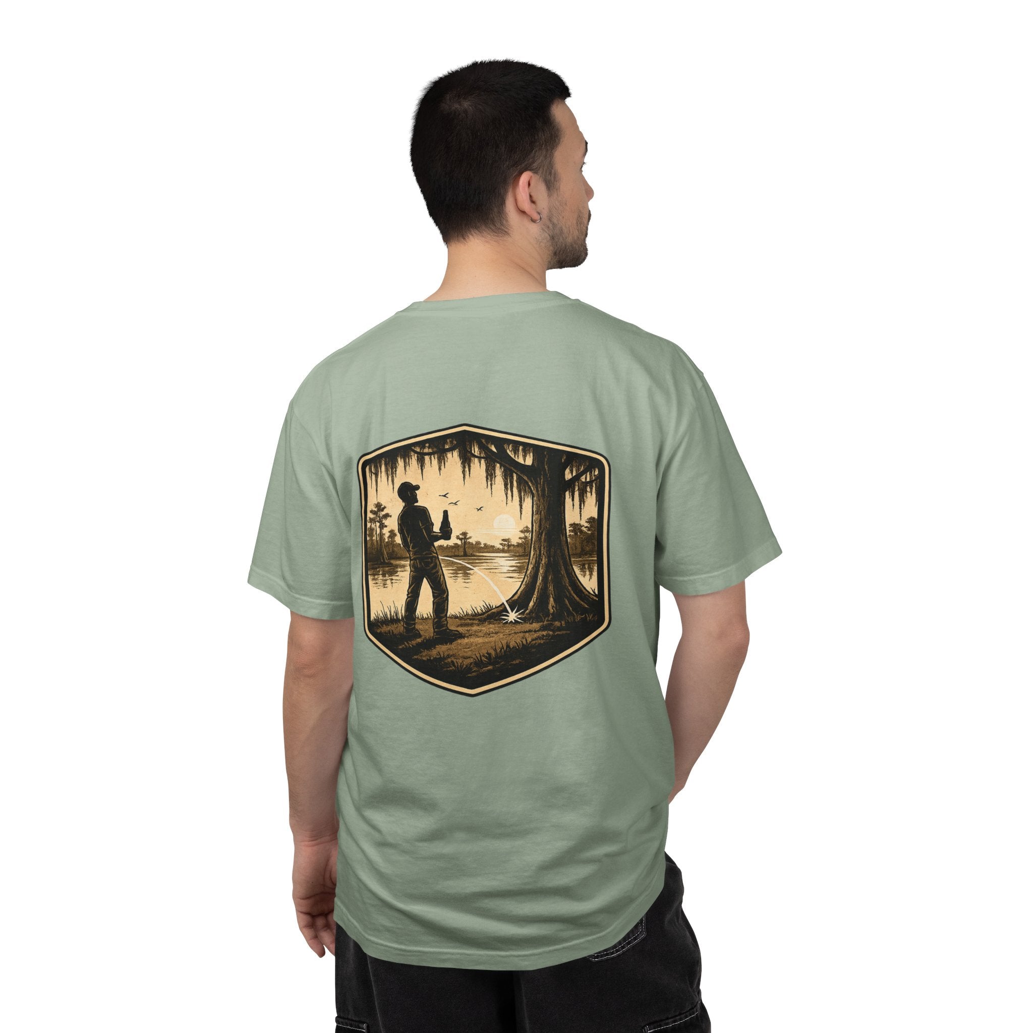 Fishing Lake Scene T-Shirt — Vintage Angler Silhouette Tee