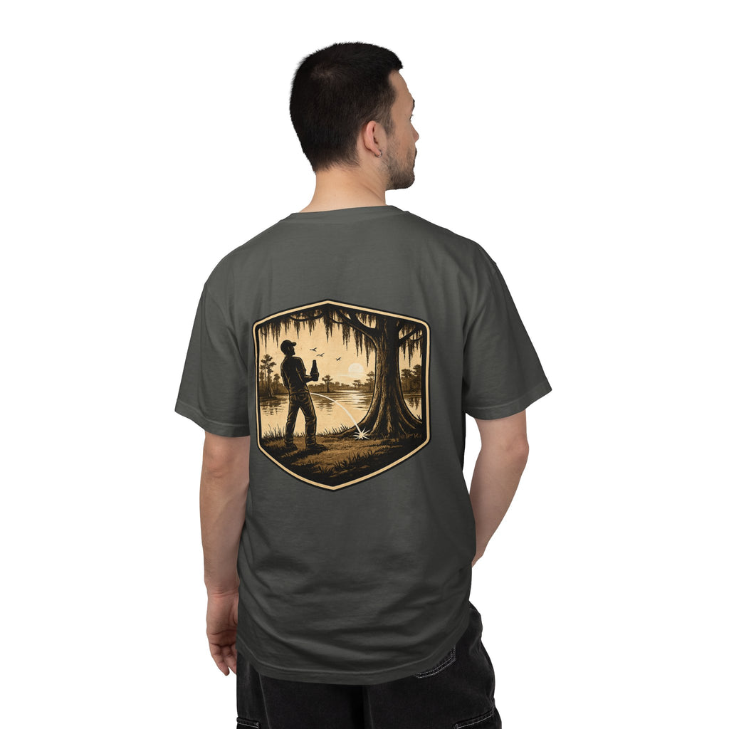 Fishing Lake Scene T-Shirt — Vintage Angler Silhouette Tee